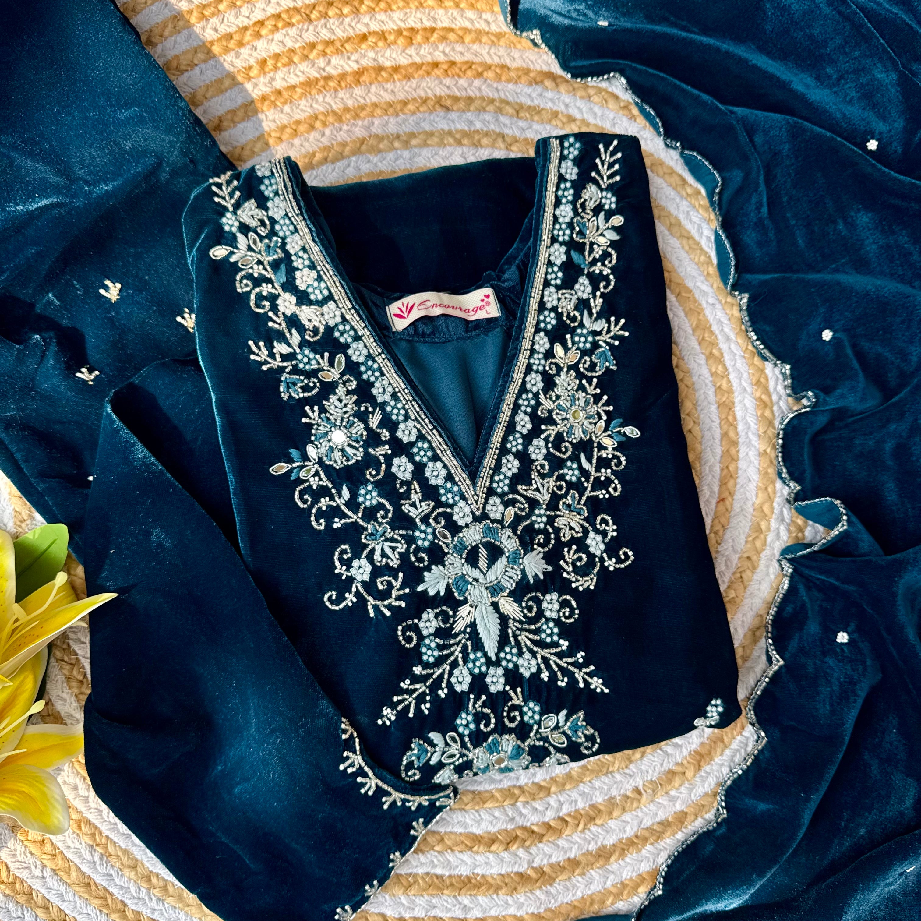 “Kiara” Peacock blue heavy velvet suit set