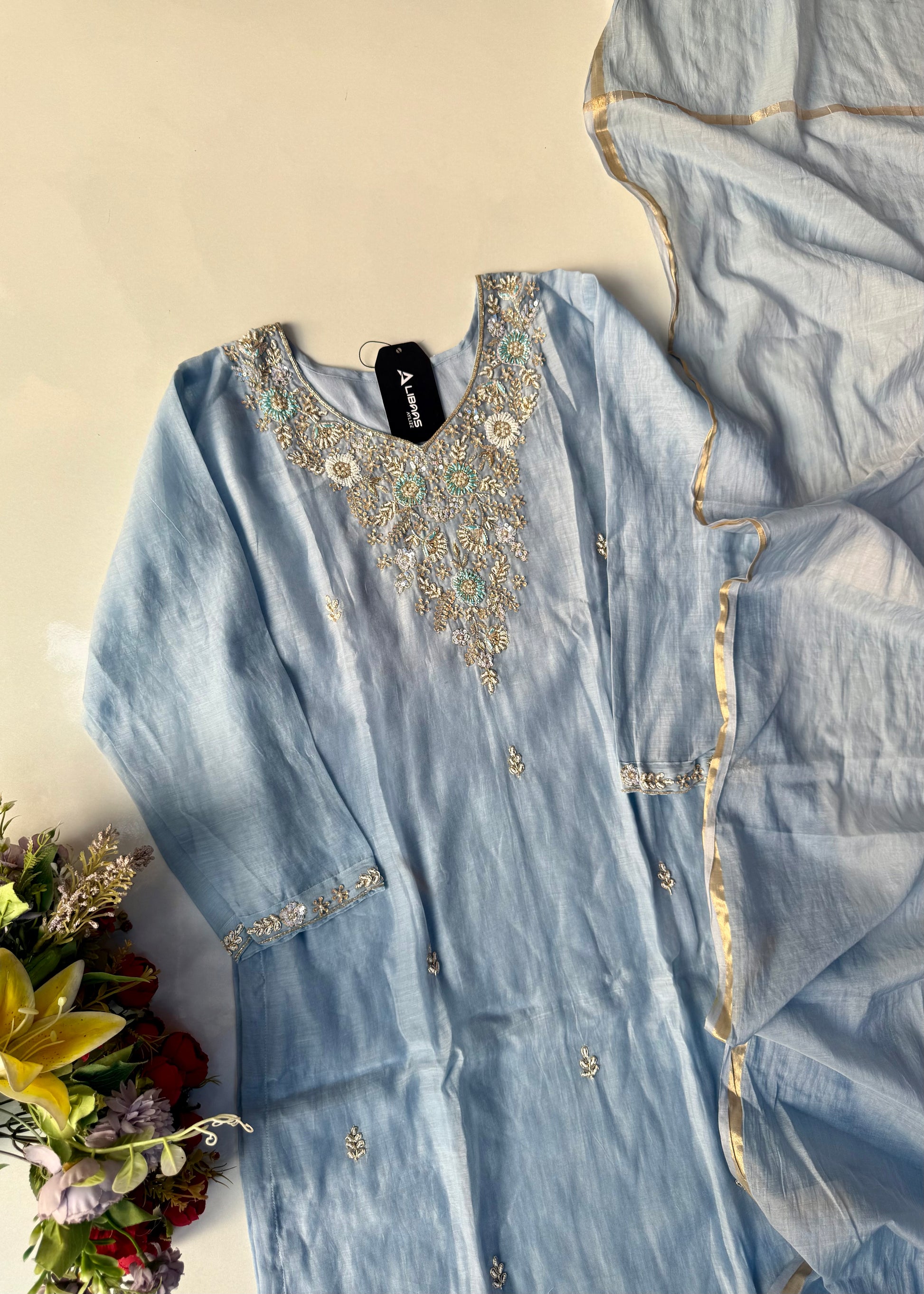 “Rania” Trending Ethnic Wear Powder Blue Mul Chanderi Kurta Set