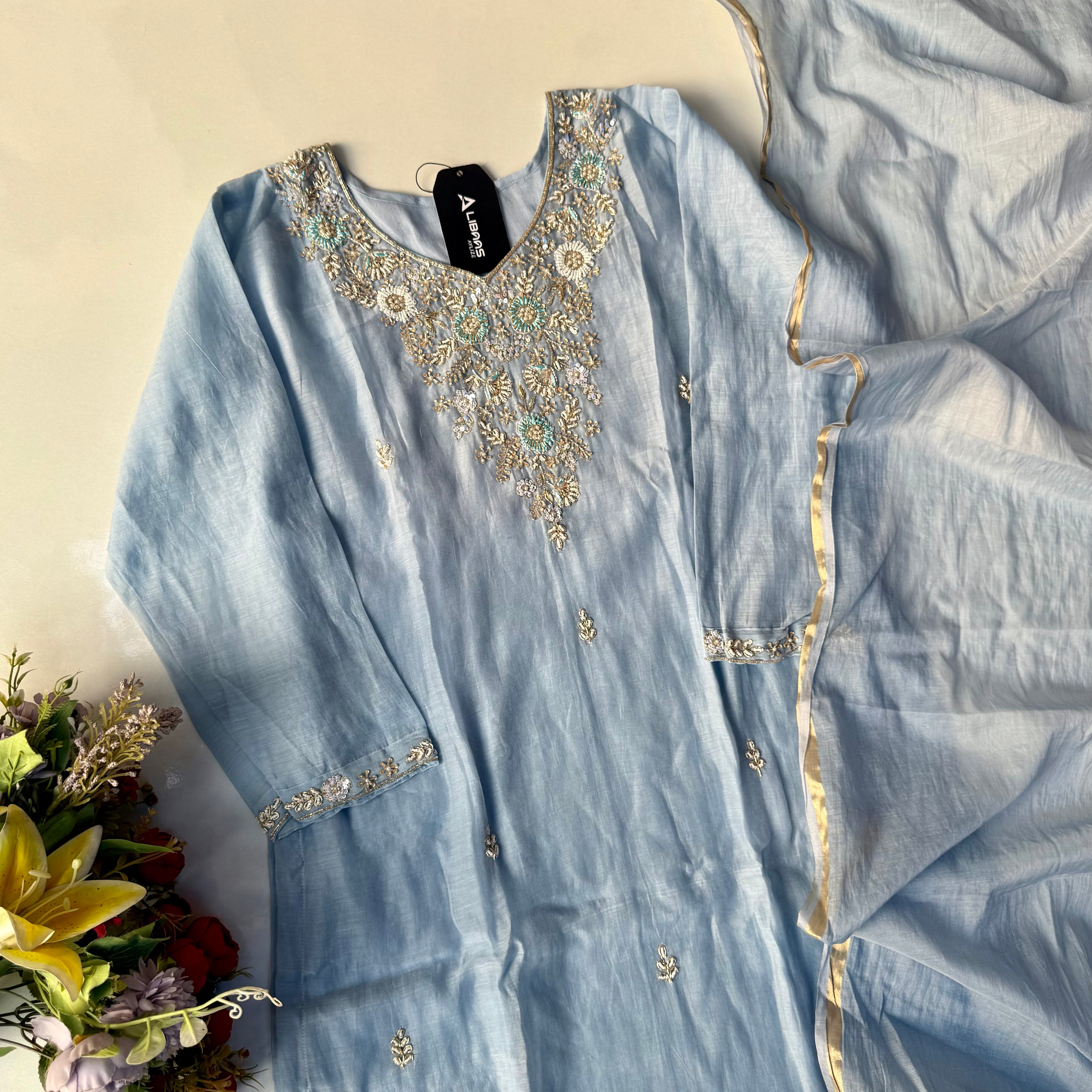 “Rania” Trending Ethnic Wear Powder Blue Mul Chanderi Kurta Set