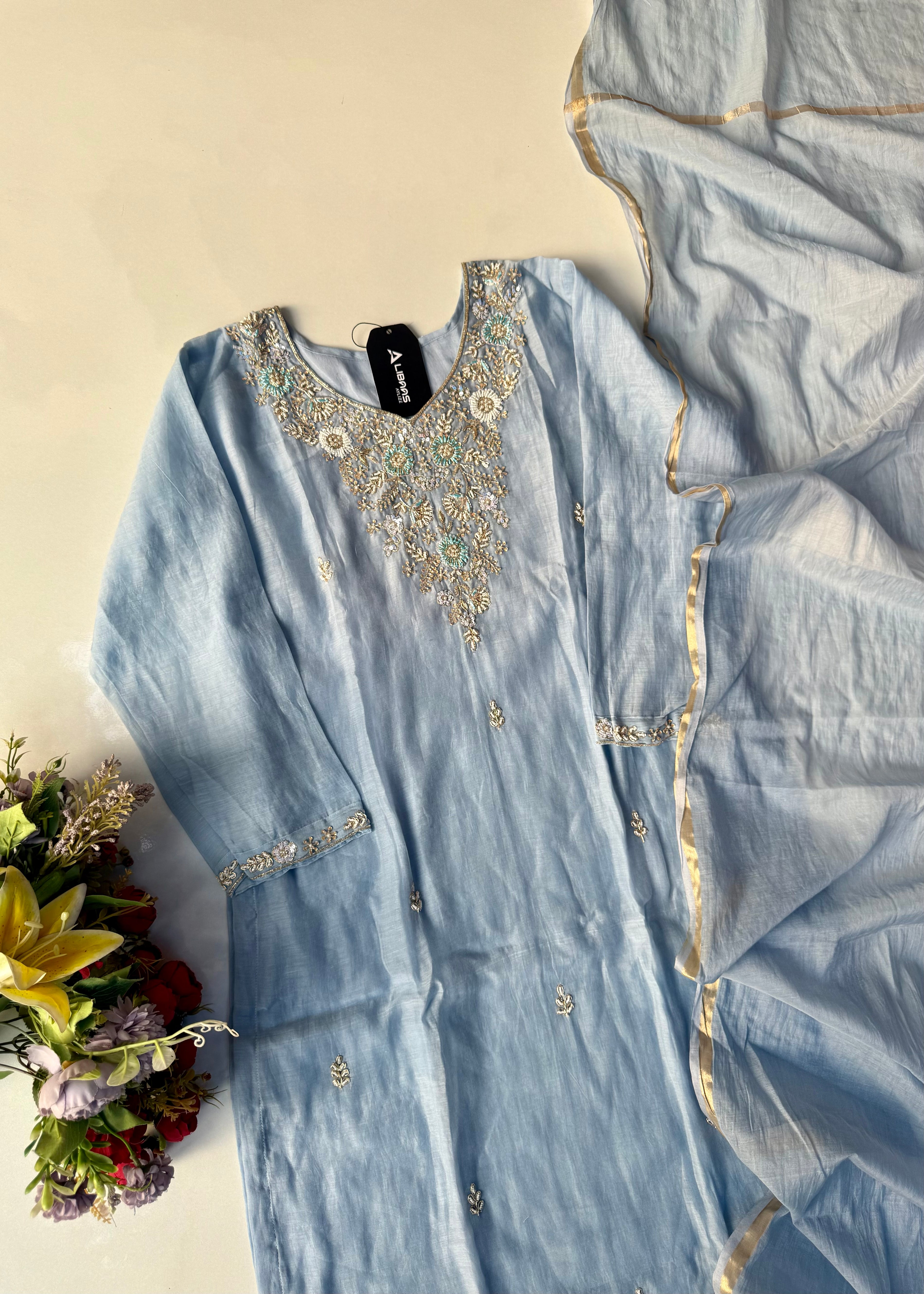 “Rania” Trending Ethnic Wear Powder Blue Mul Chanderi Kurta Set