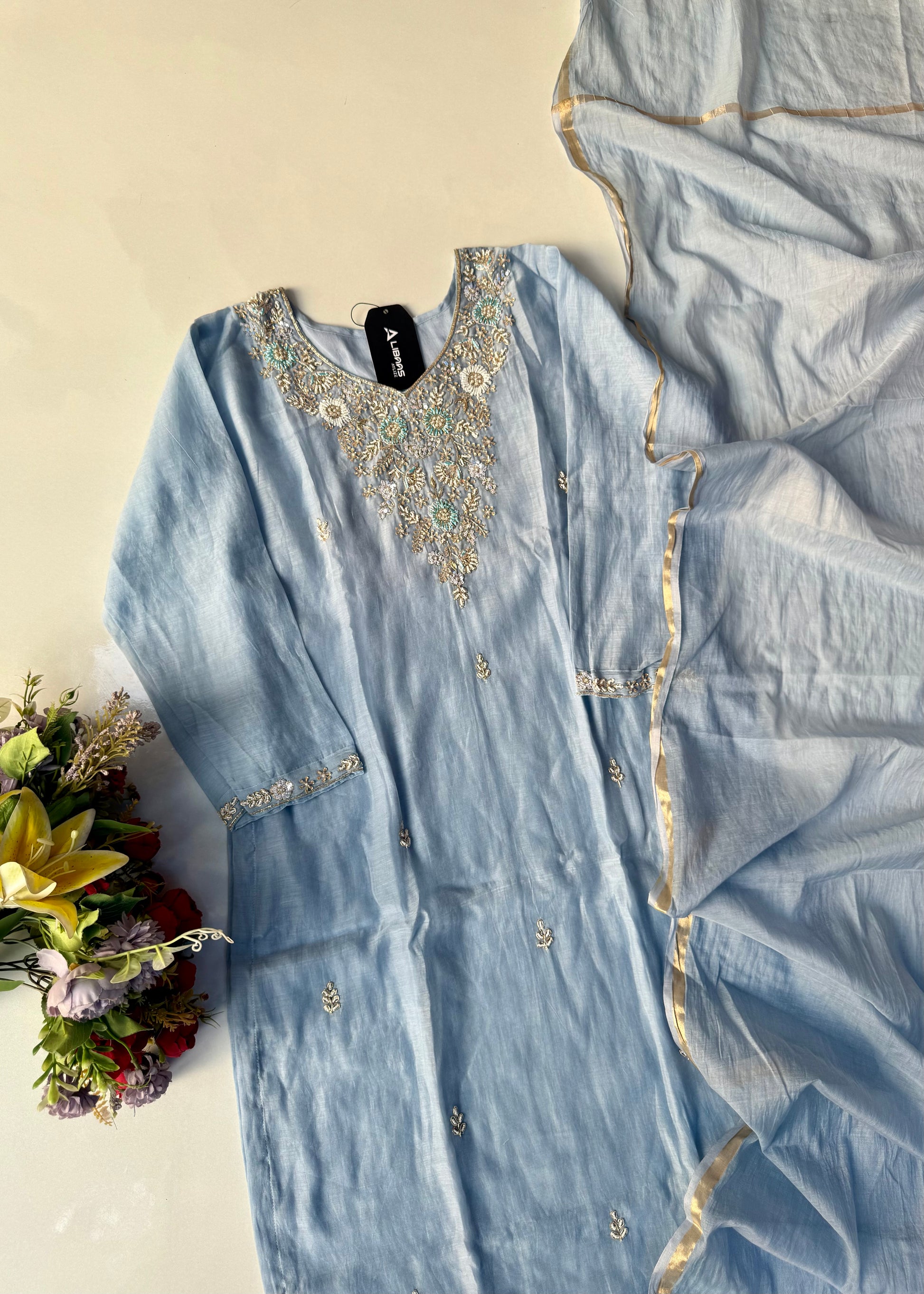 “Rania” Trending Ethnic Wear Powder Blue Mul Chanderi Kurta Set