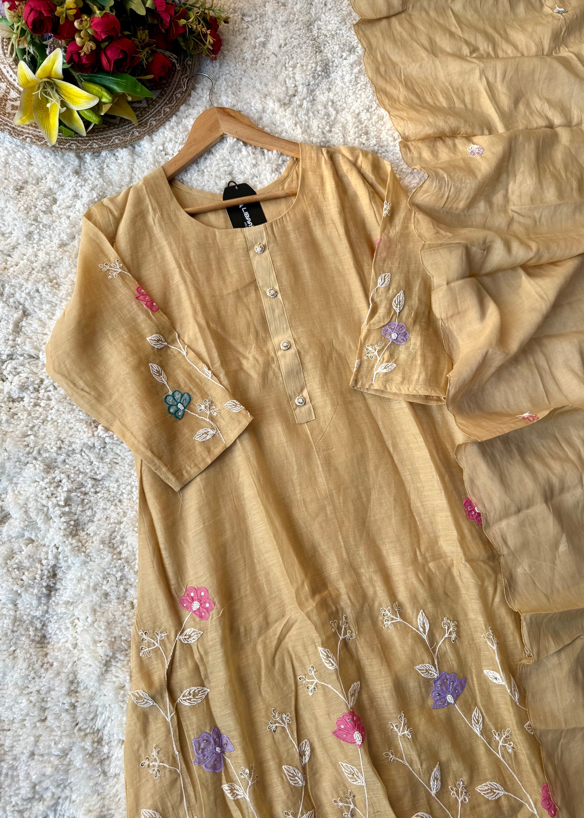 “Thread” Premium Golden Beige Mul Chanderi A Line kurta set