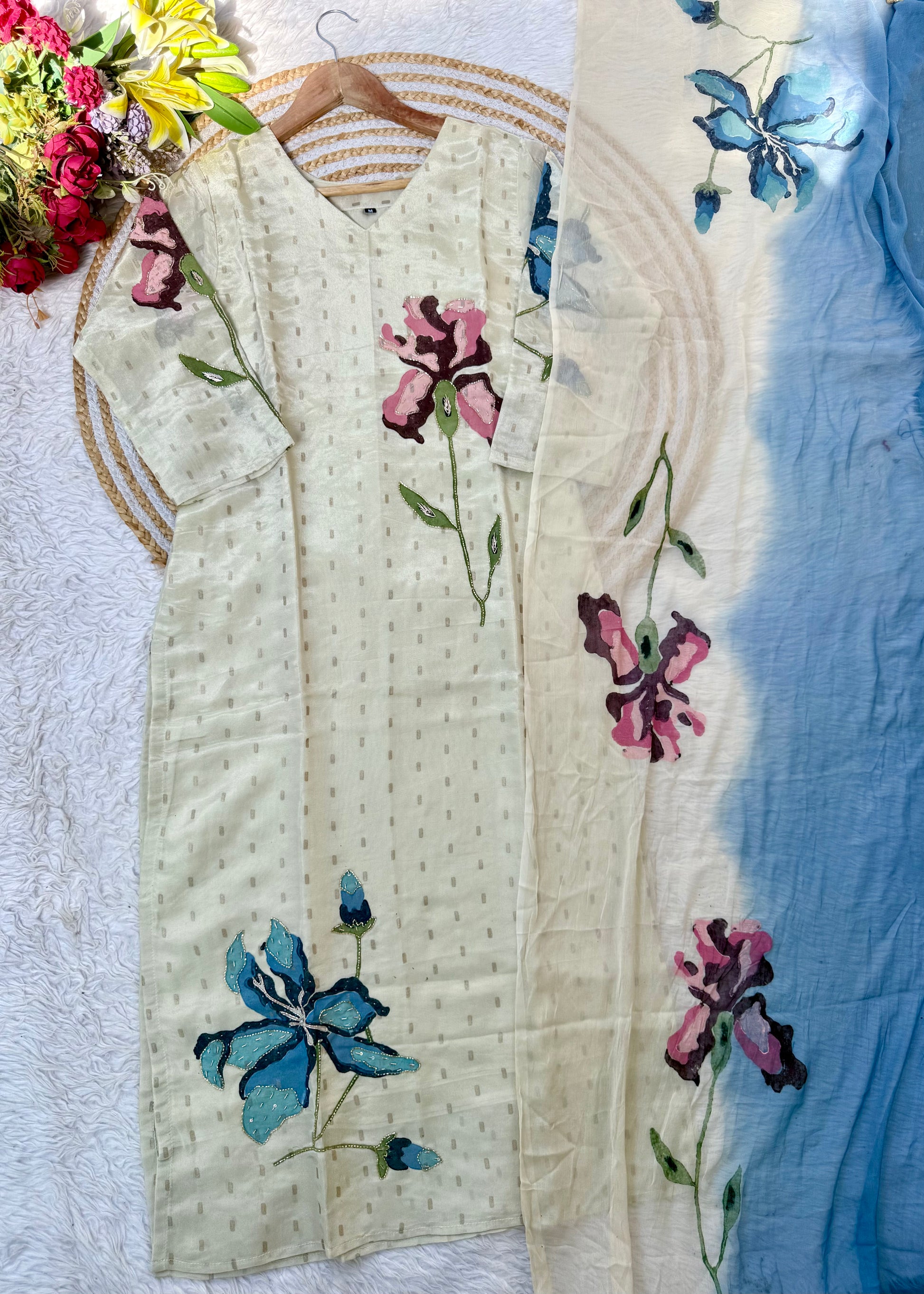 “SUZEN” Tissue silk handprinted floral work kurta set