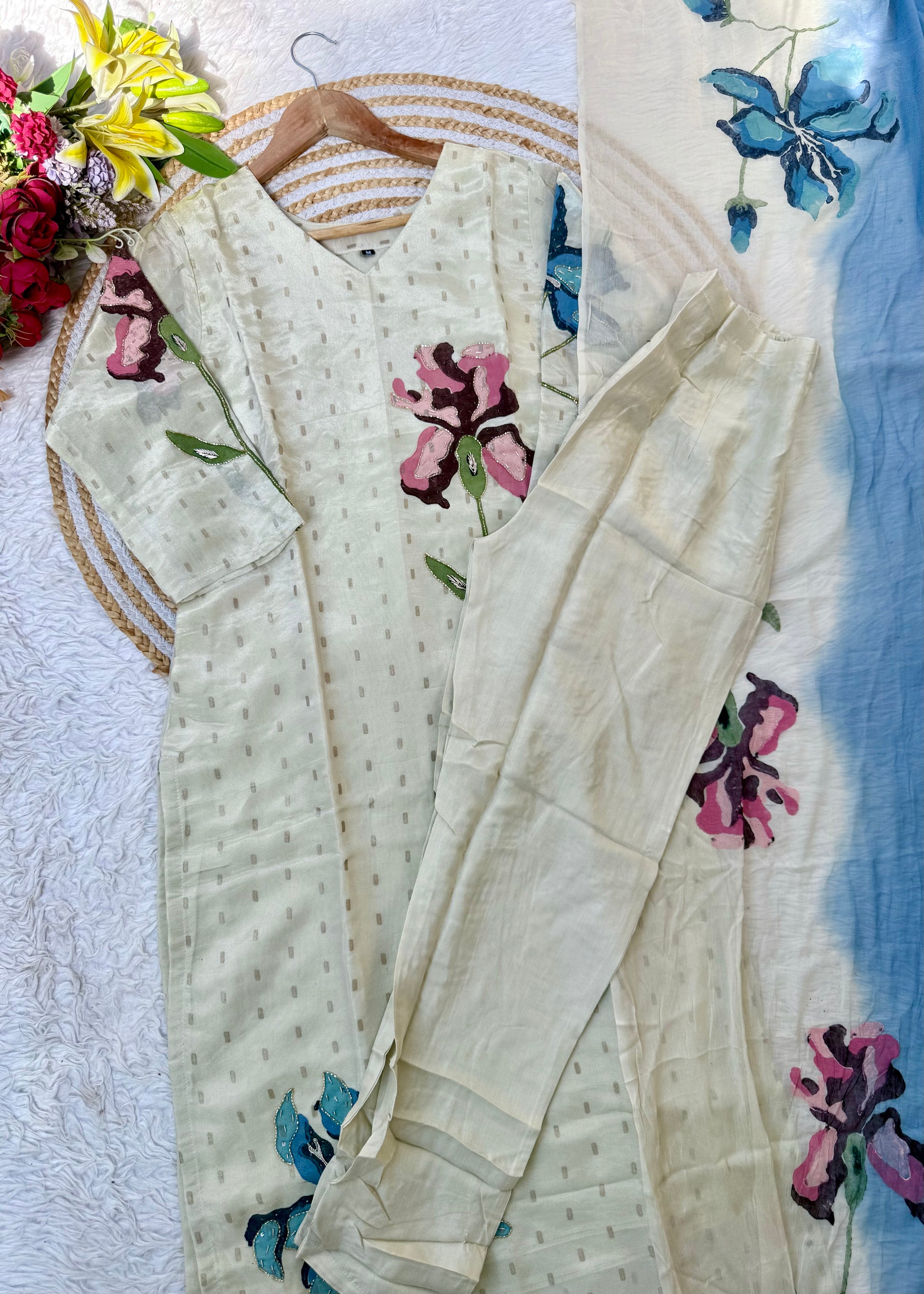 “SUZEN” Tissue silk handprinted floral work kurta set