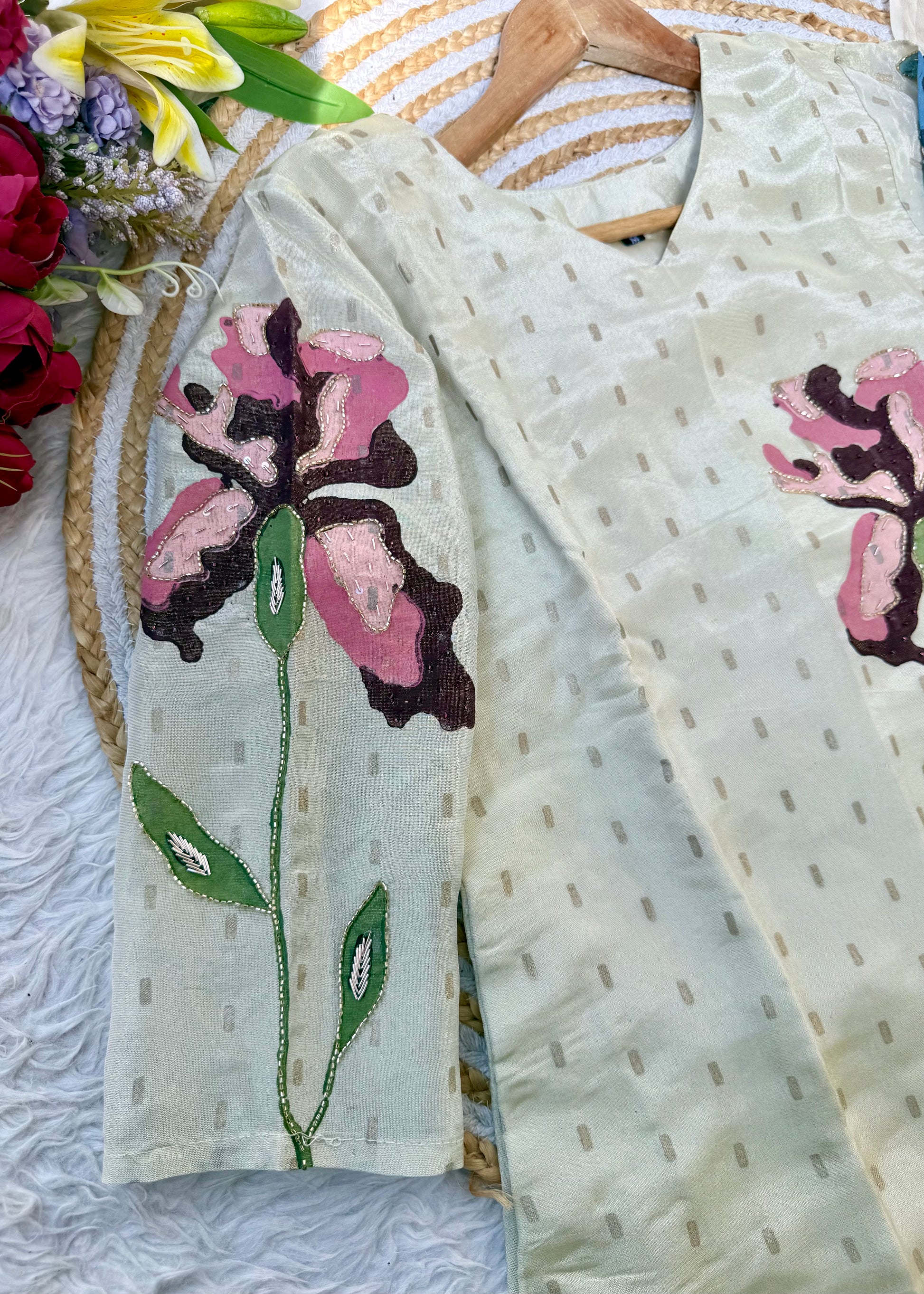 “SUZEN” Tissue silk handprinted floral work kurta set
