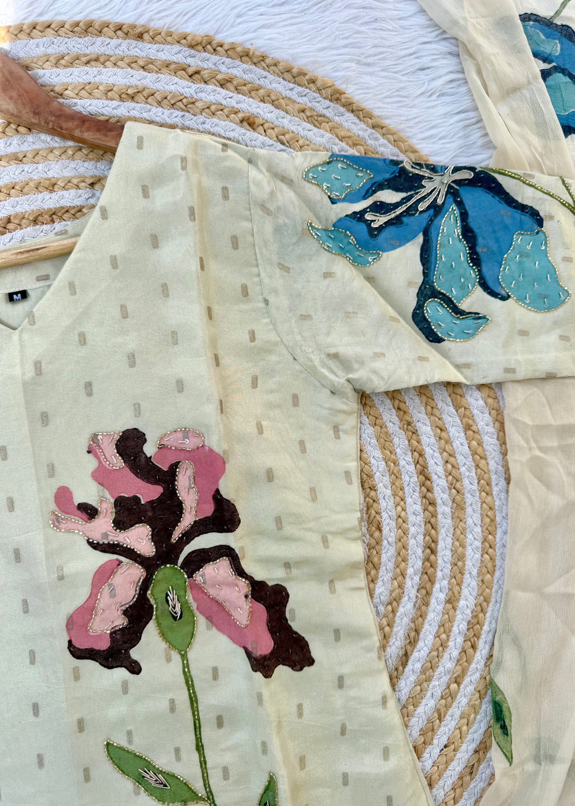 “SUZEN” Tissue silk handprinted floral work kurta set
