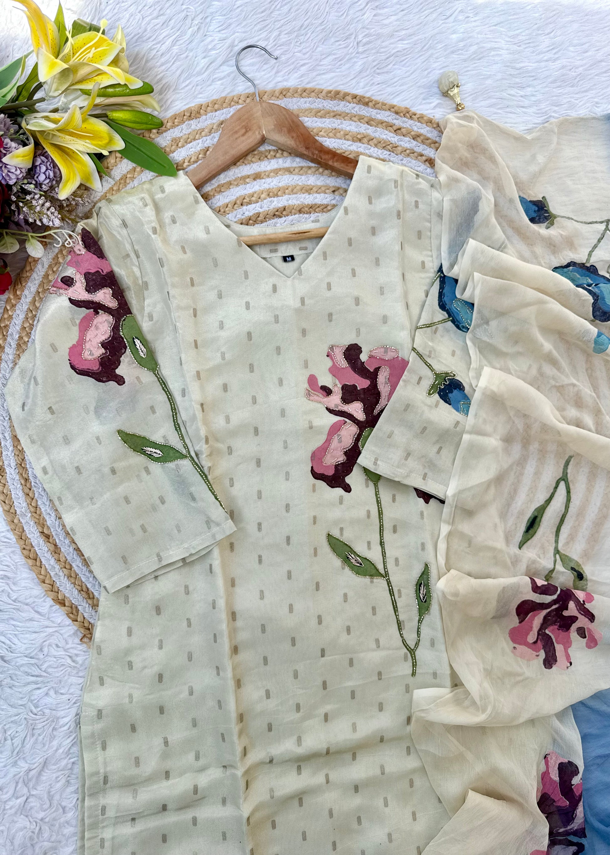 “SUZEN” Tissue silk handprinted floral work kurta set