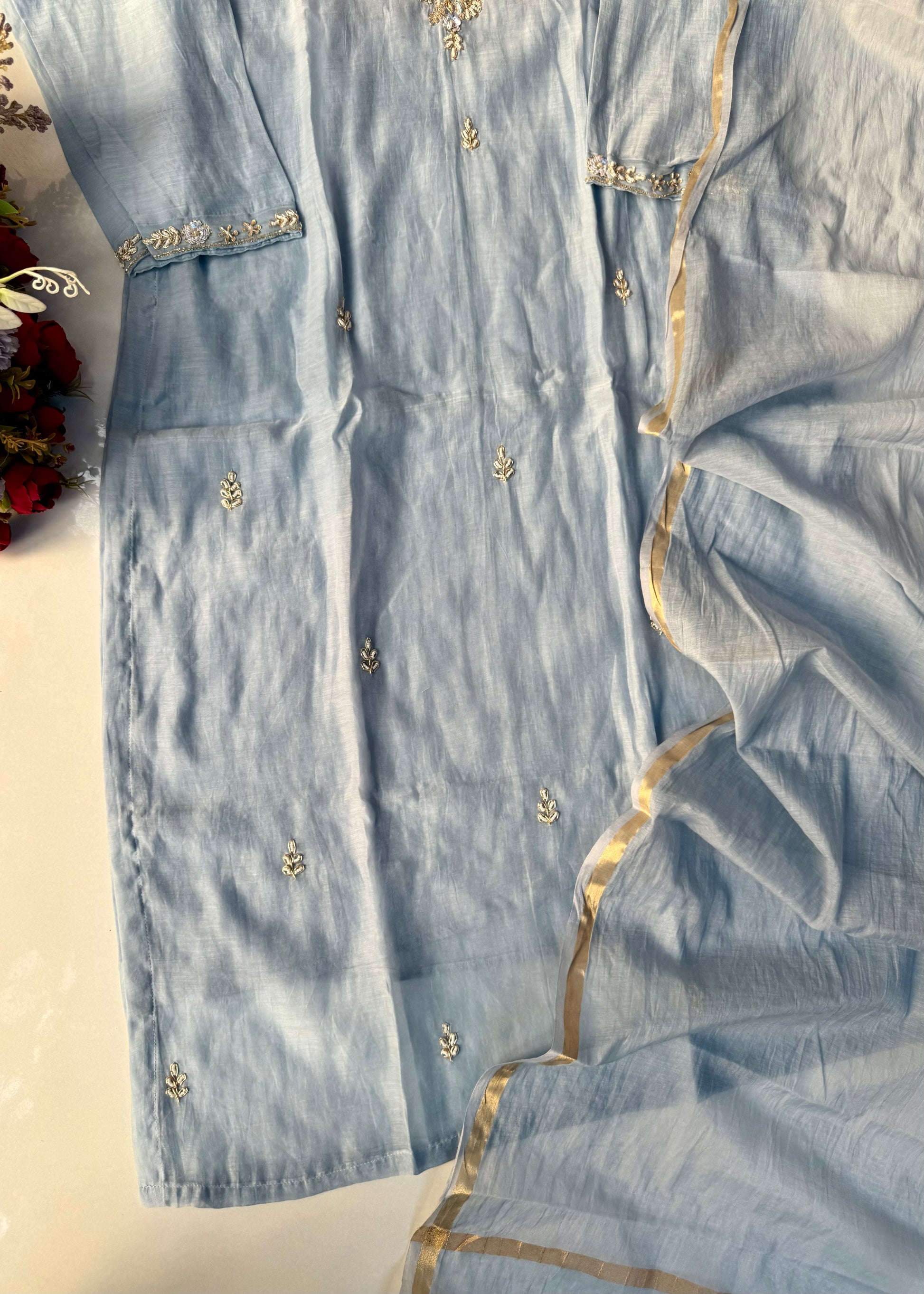 “Rania” Trending Ethnic Wear Powder Blue Mul Chanderi Kurta Set