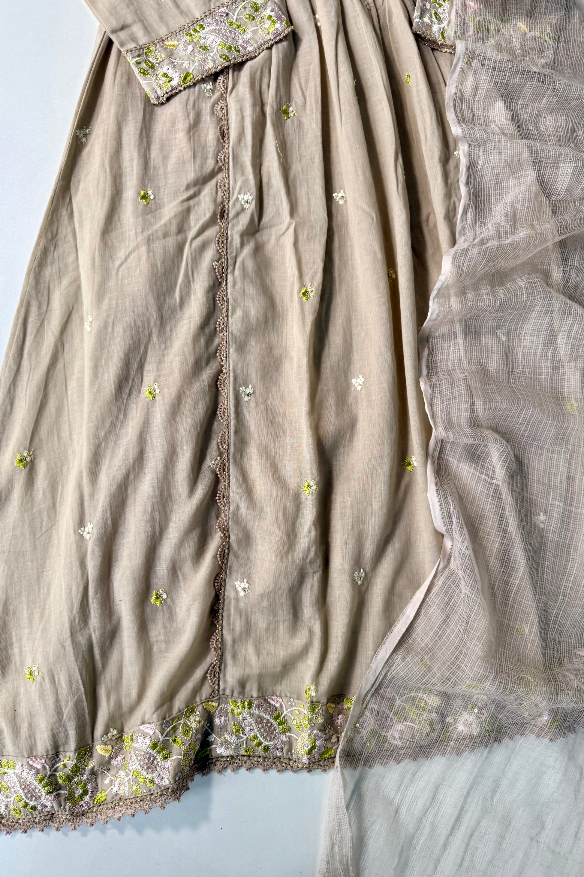 “Sana” Premium Sand Beige Cotton Embroidered Anarkali kurta set