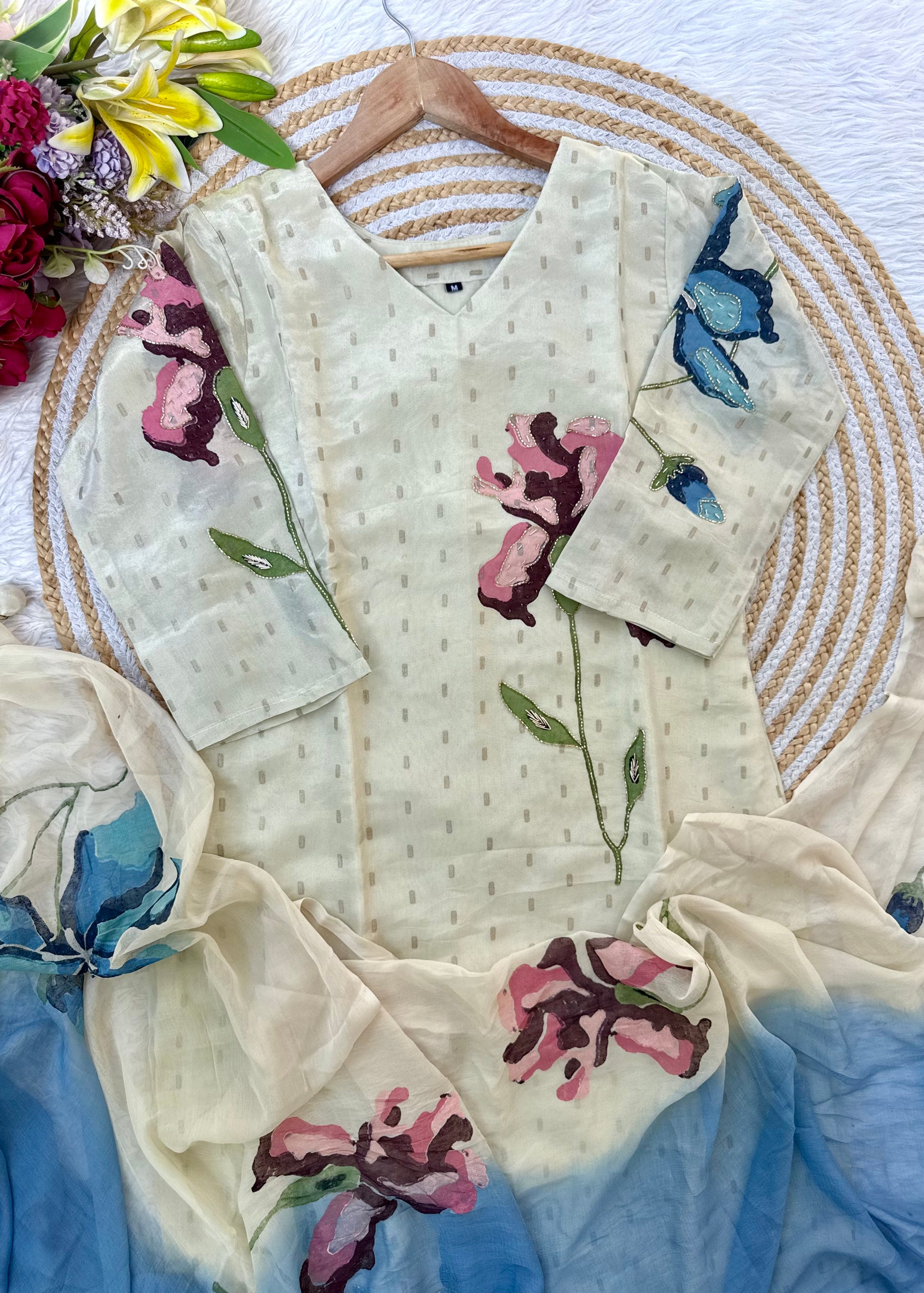 “SUZEN” Tissue silk handprinted floral work kurta set