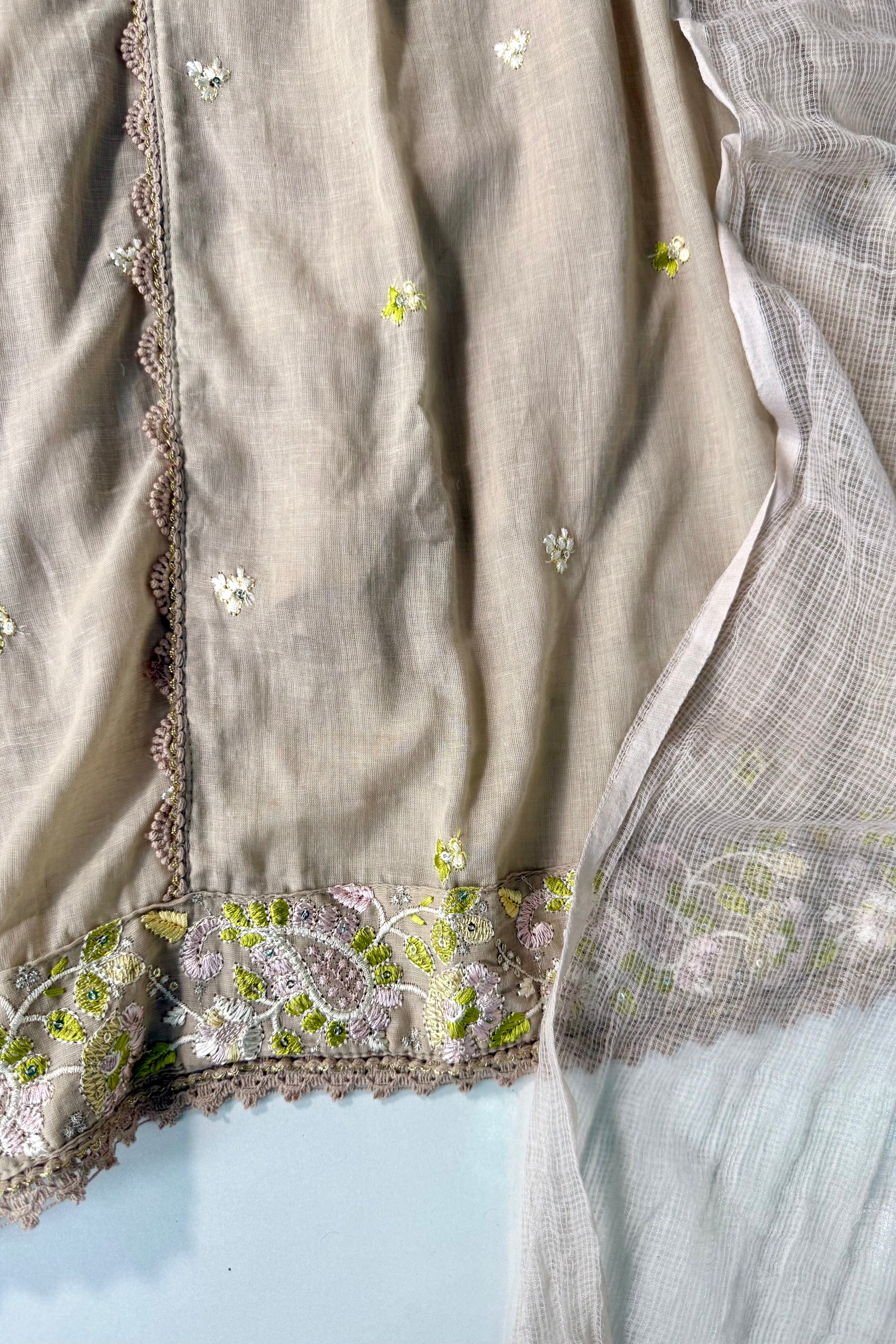 “Sana” Premium Sand Beige Cotton Embroidered Anarkali kurta set