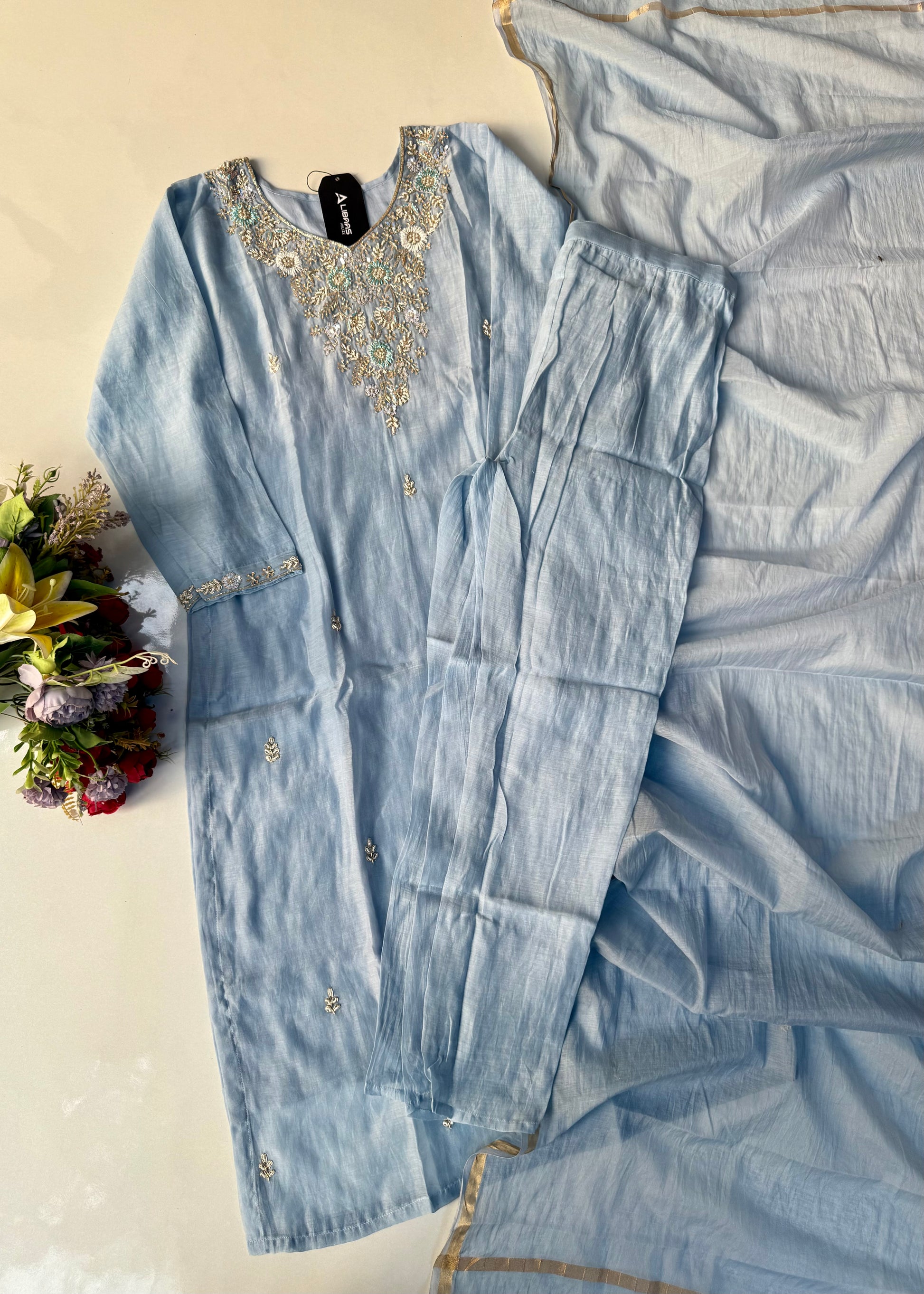 “Rania” Trending Ethnic Wear Powder Blue Mul Chanderi Kurta Set