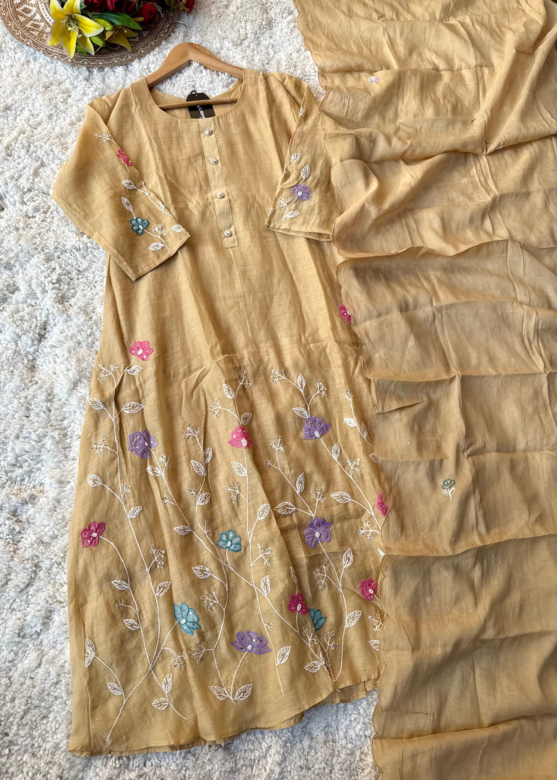 “Thread” Premium Golden Beige Mul Chanderi A Line kurta set