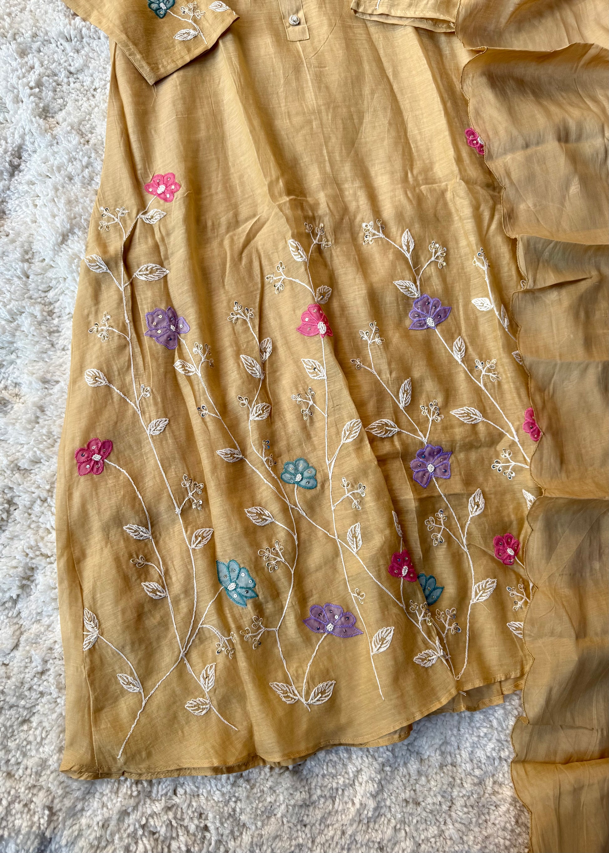 “Thread” Premium Golden Beige Mul Chanderi A Line kurta set