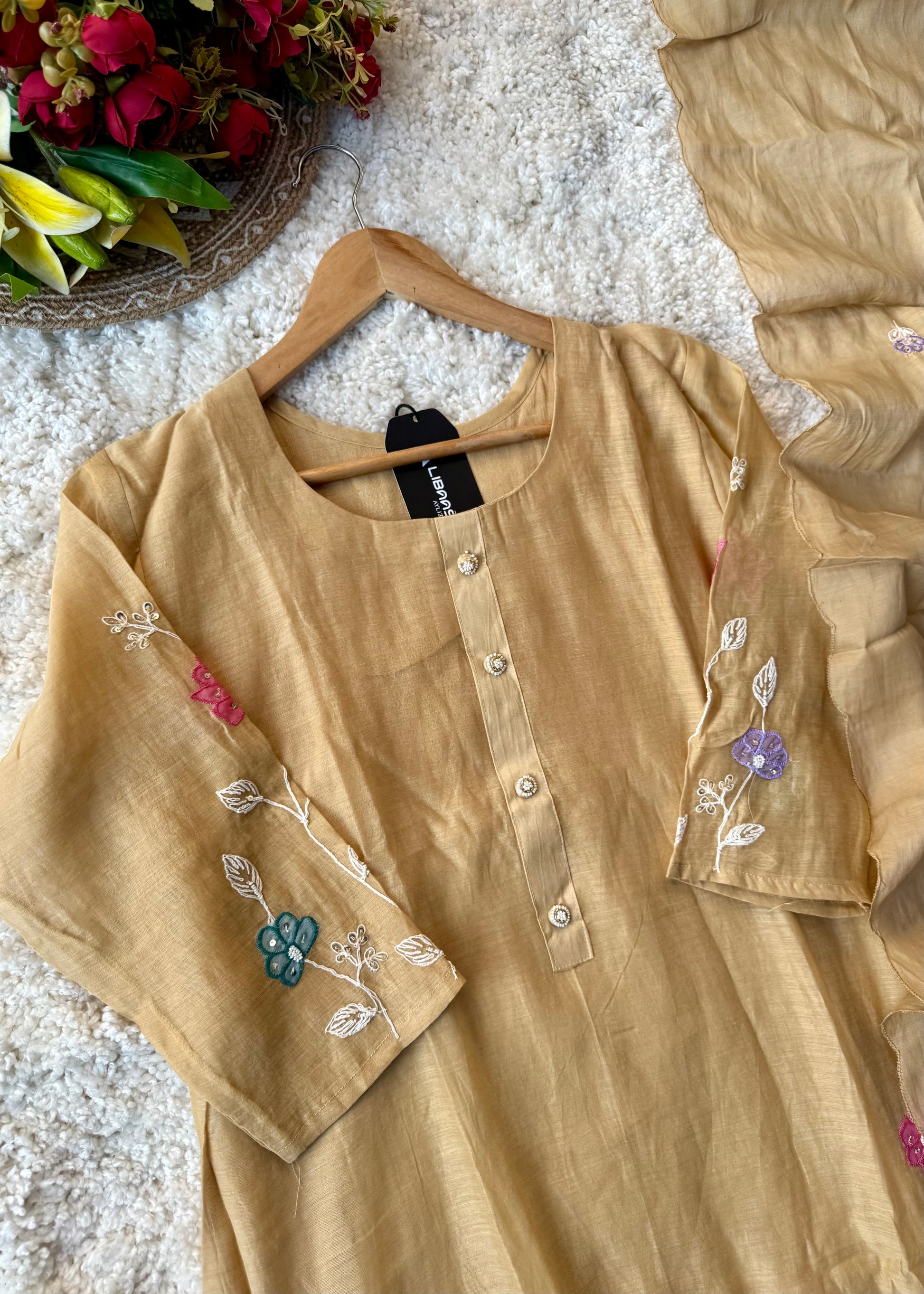 “Thread” Premium Golden Beige Mul Chanderi A Line kurta set