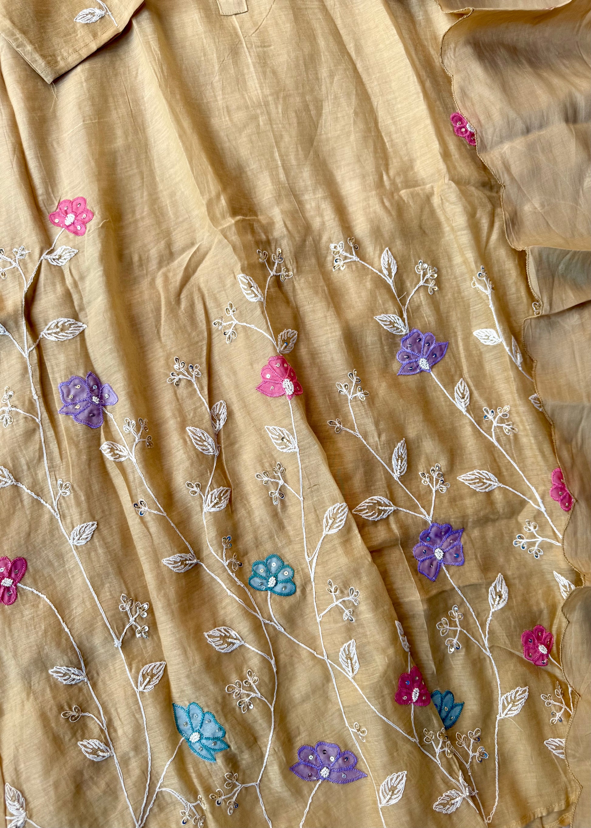 “Thread” Premium Golden Beige Mul Chanderi A Line kurta set