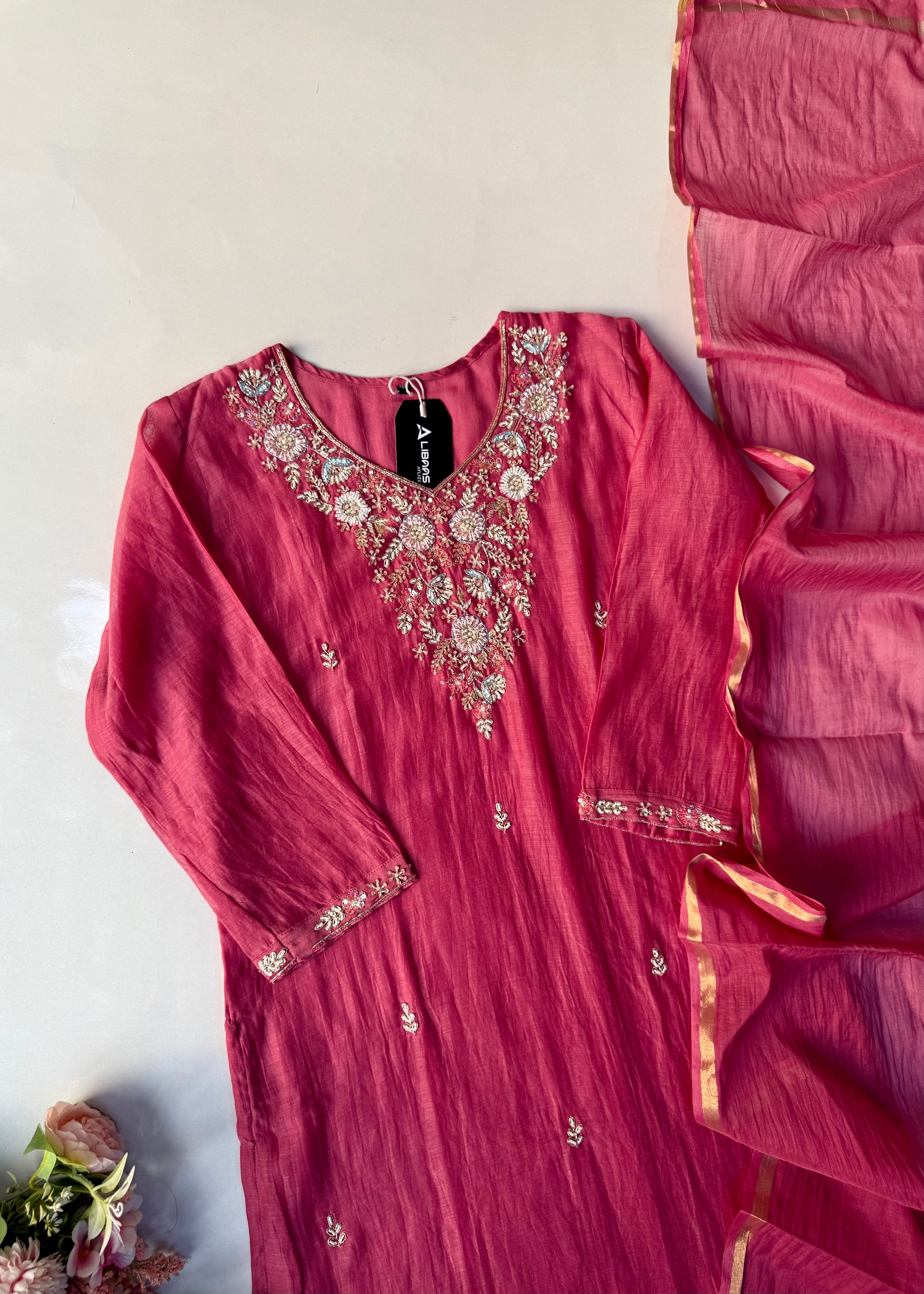 “Rania” Trending Ethnic Wear Deep Rose Pink Mul Chanderi Kurta Set