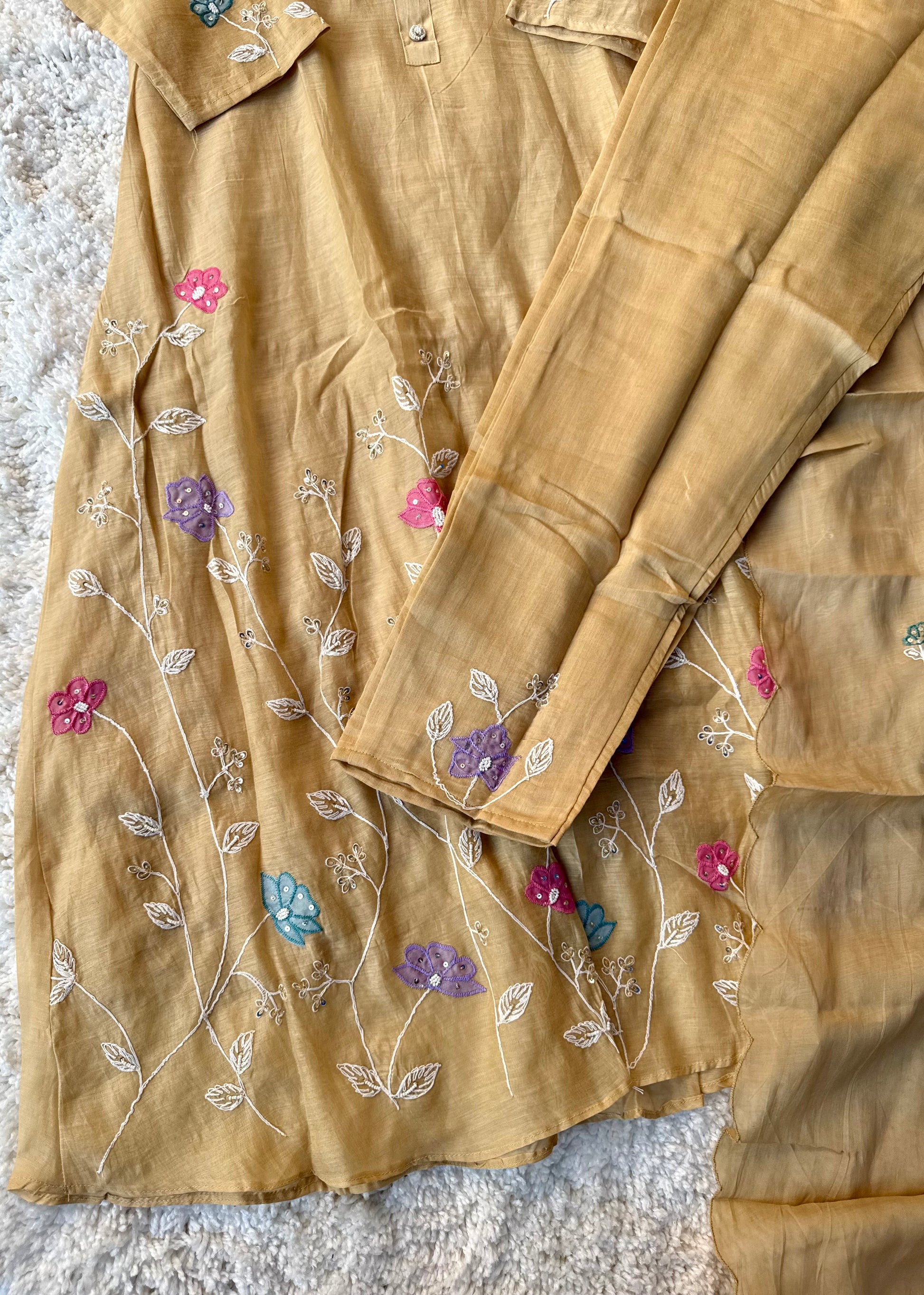 “Thread” Premium Golden Beige Mul Chanderi A Line kurta set