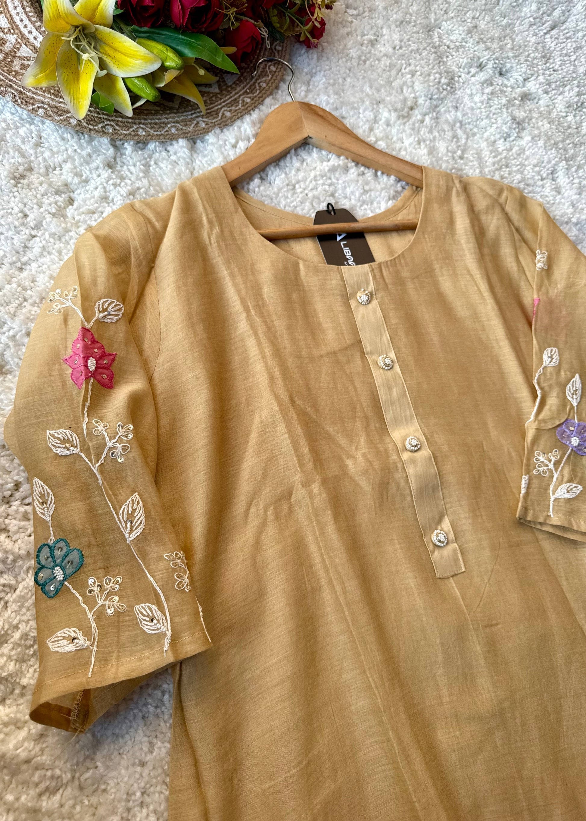 “Thread” Premium Golden Beige Mul Chanderi A Line kurta set