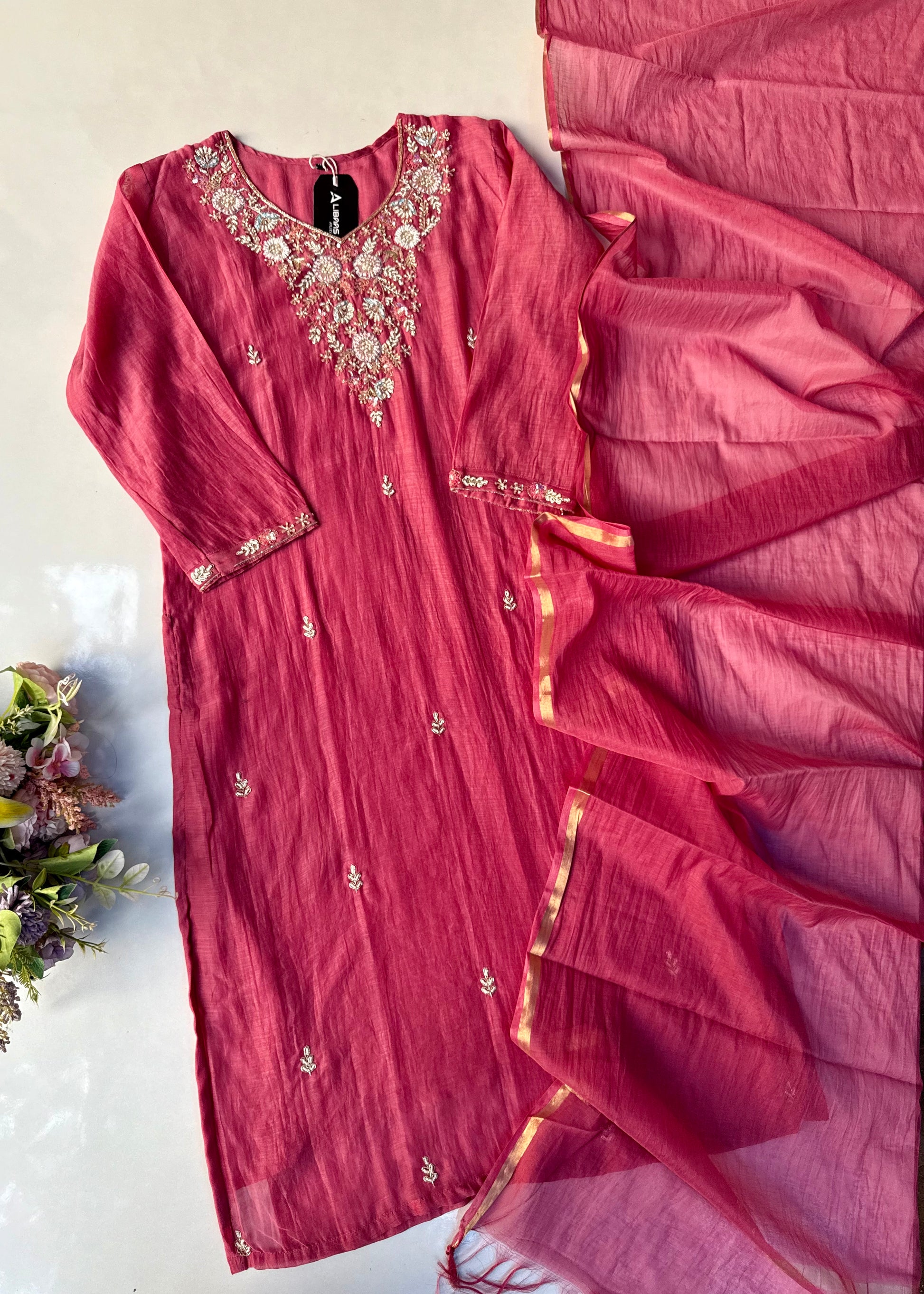 “Rania” Trending Ethnic Wear Deep Rose Pink Mul Chanderi Kurta Set