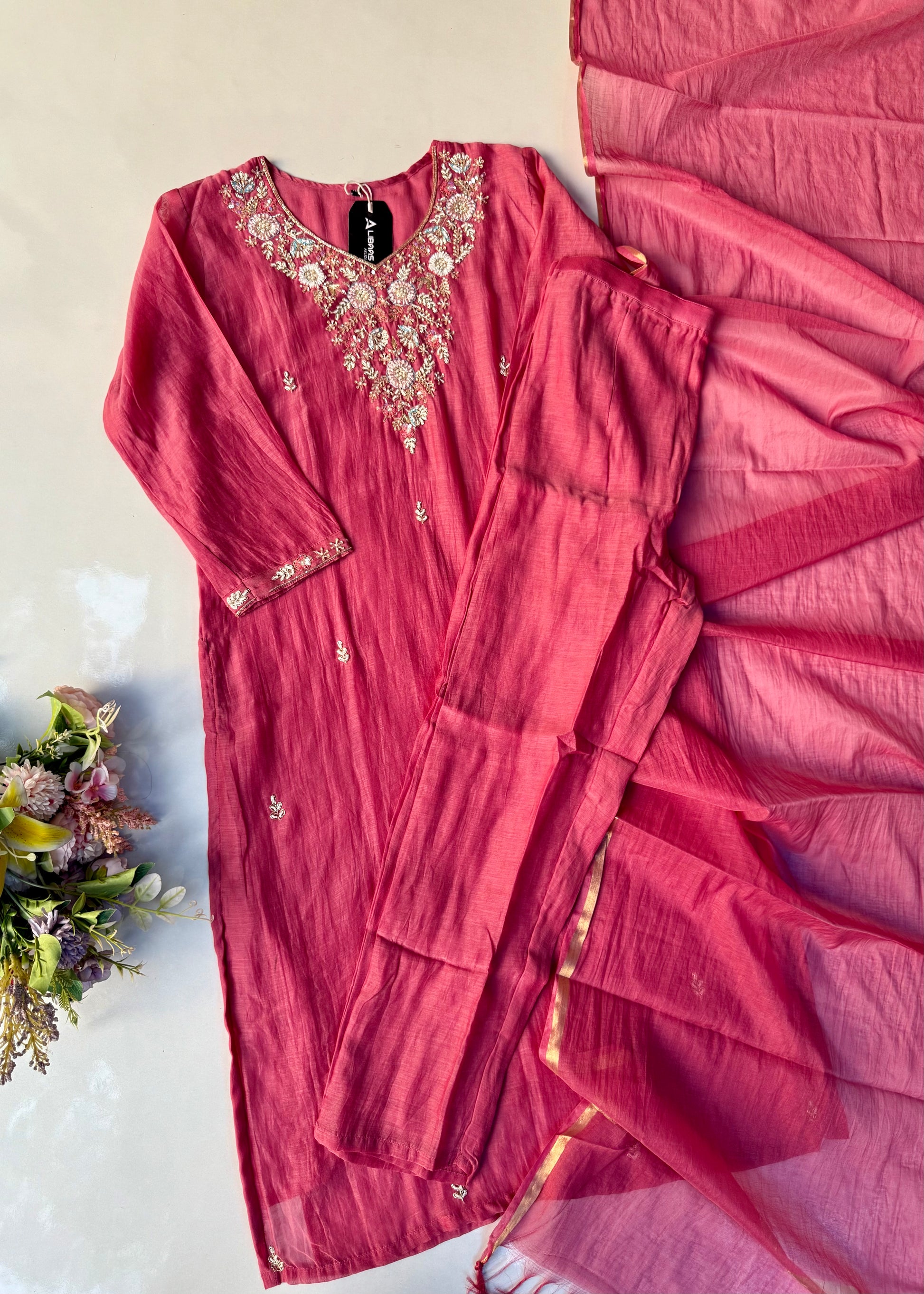 “Rania” Trending Ethnic Wear Deep Rose Pink Mul Chanderi Kurta Set