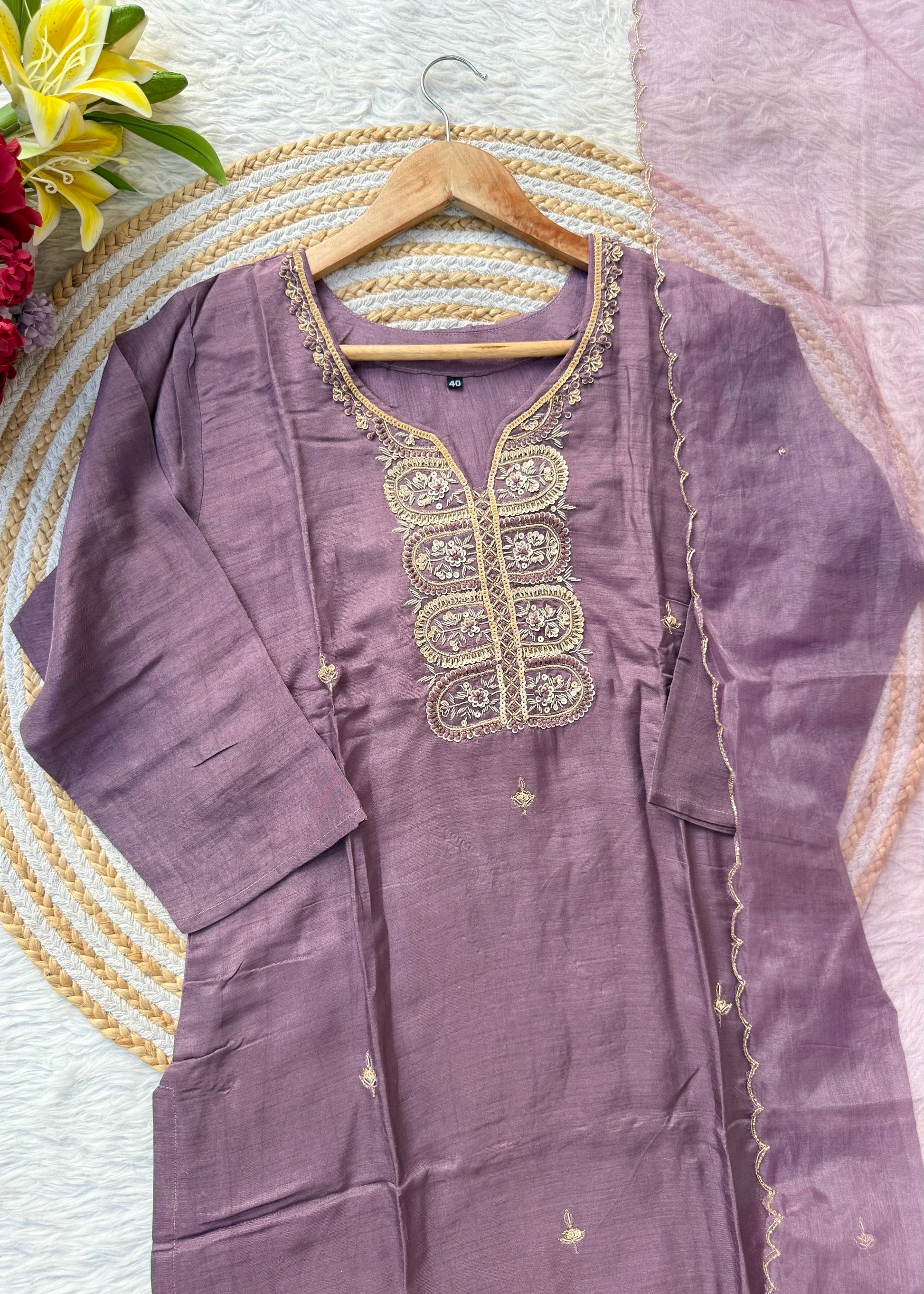 “RAZVI” Handcrafted Dola silk kurta bottom with dupatta set
