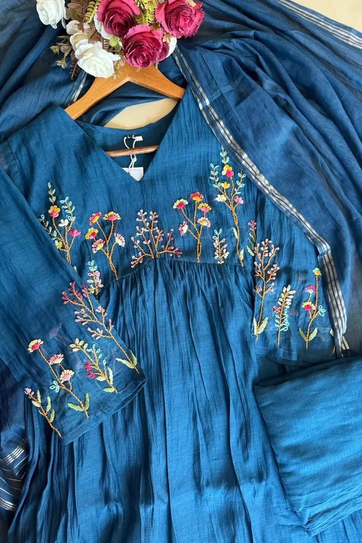 💙AYRA- Blue  Mul Chanderi Thread Work Anarkali Kurta Set