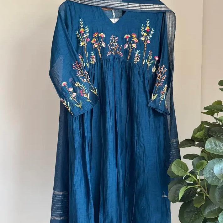 💙AYRA- Blue  Mul Chanderi Thread Work Anarkali Kurta Set