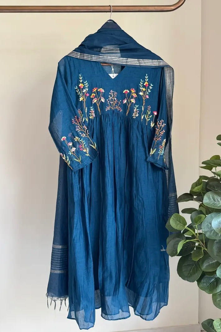 💙AYRA- Blue  Mul Chanderi Thread Work Anarkali Kurta Set