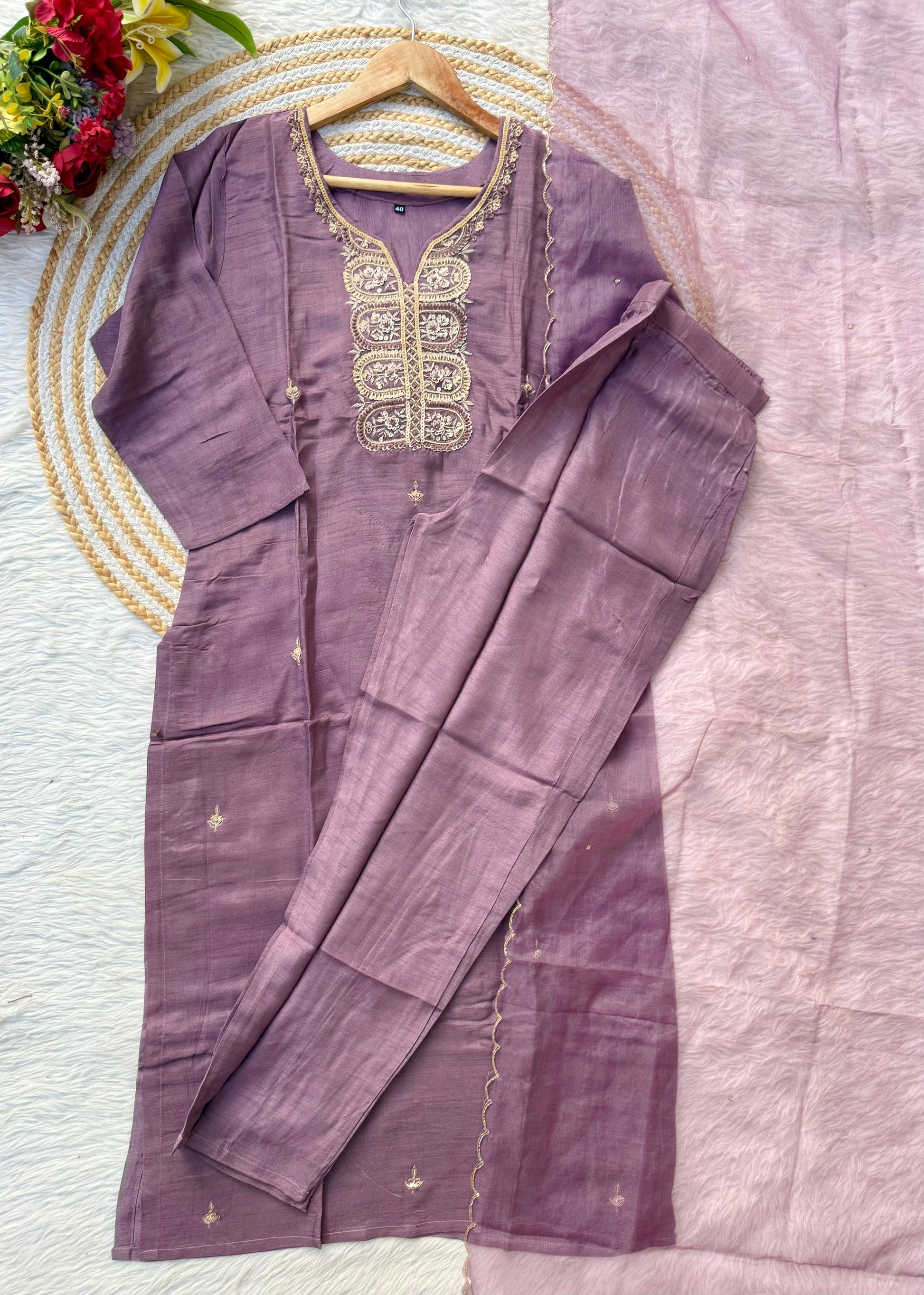 “RAZVI” Handcrafted Dola silk kurta bottom with dupatta set
