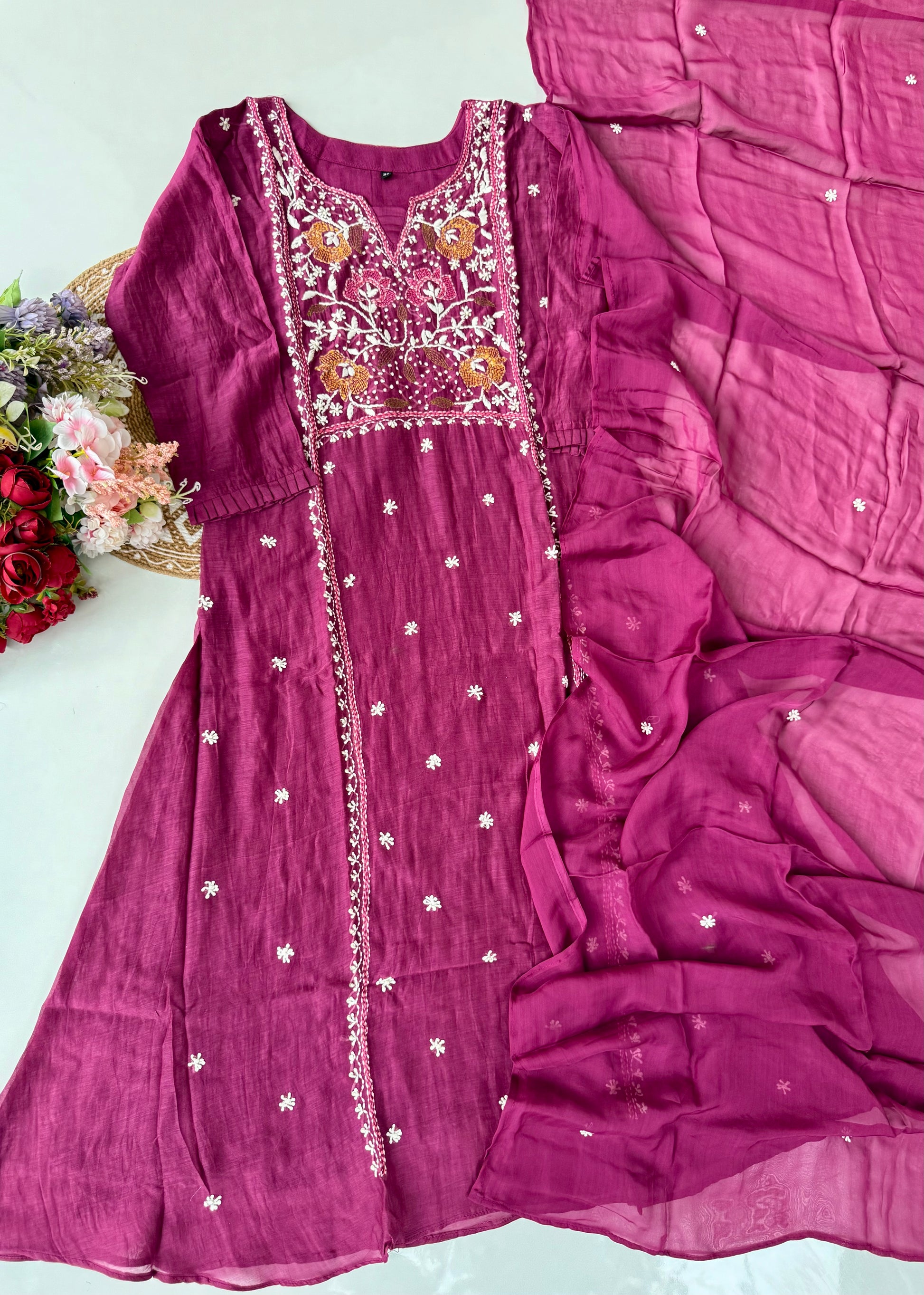 “Mulmul” Wine Thread work Mul Chanderi A Line kurta set