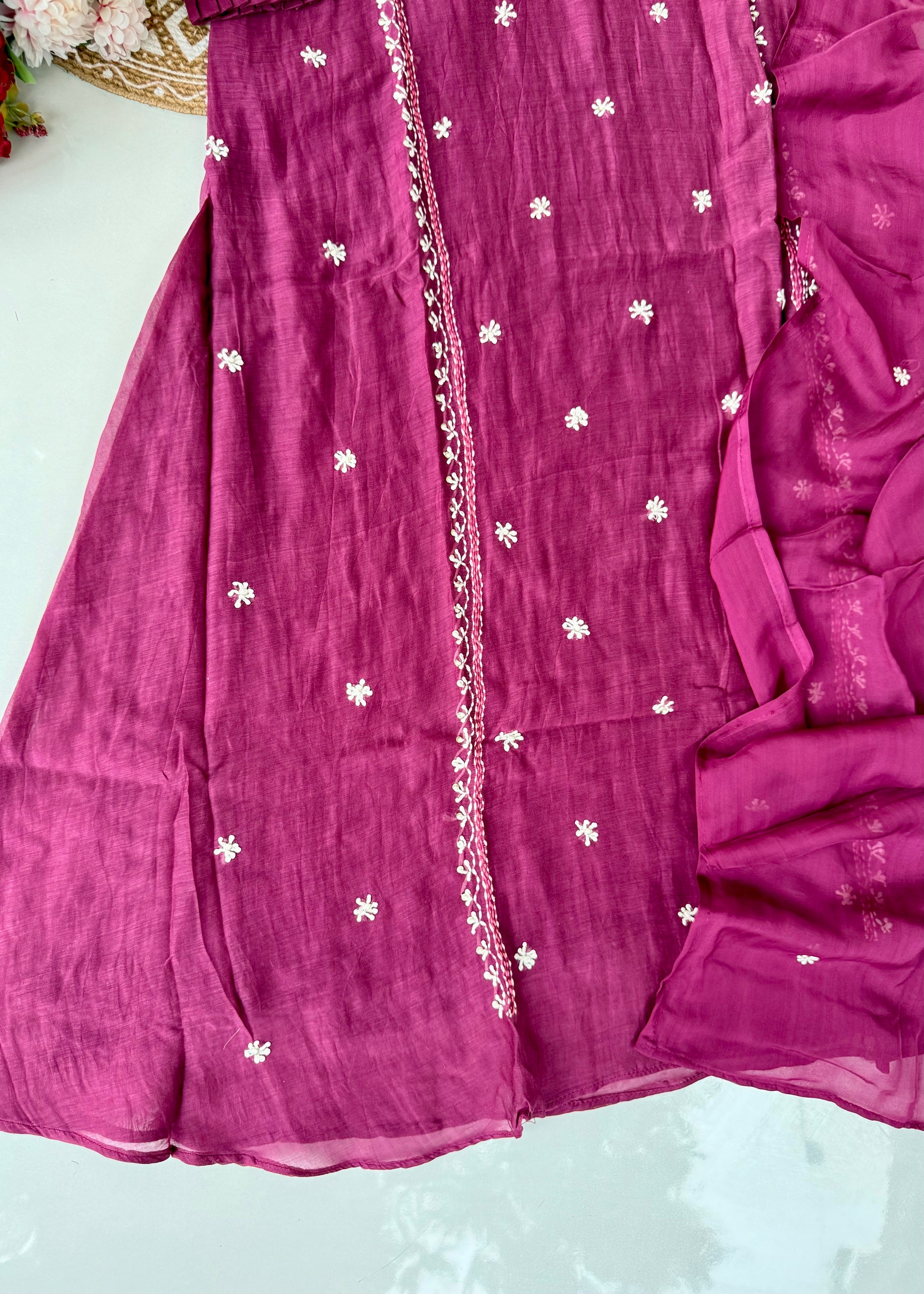 “Mulmul” Wine Thread work Mul Chanderi A Line kurta set