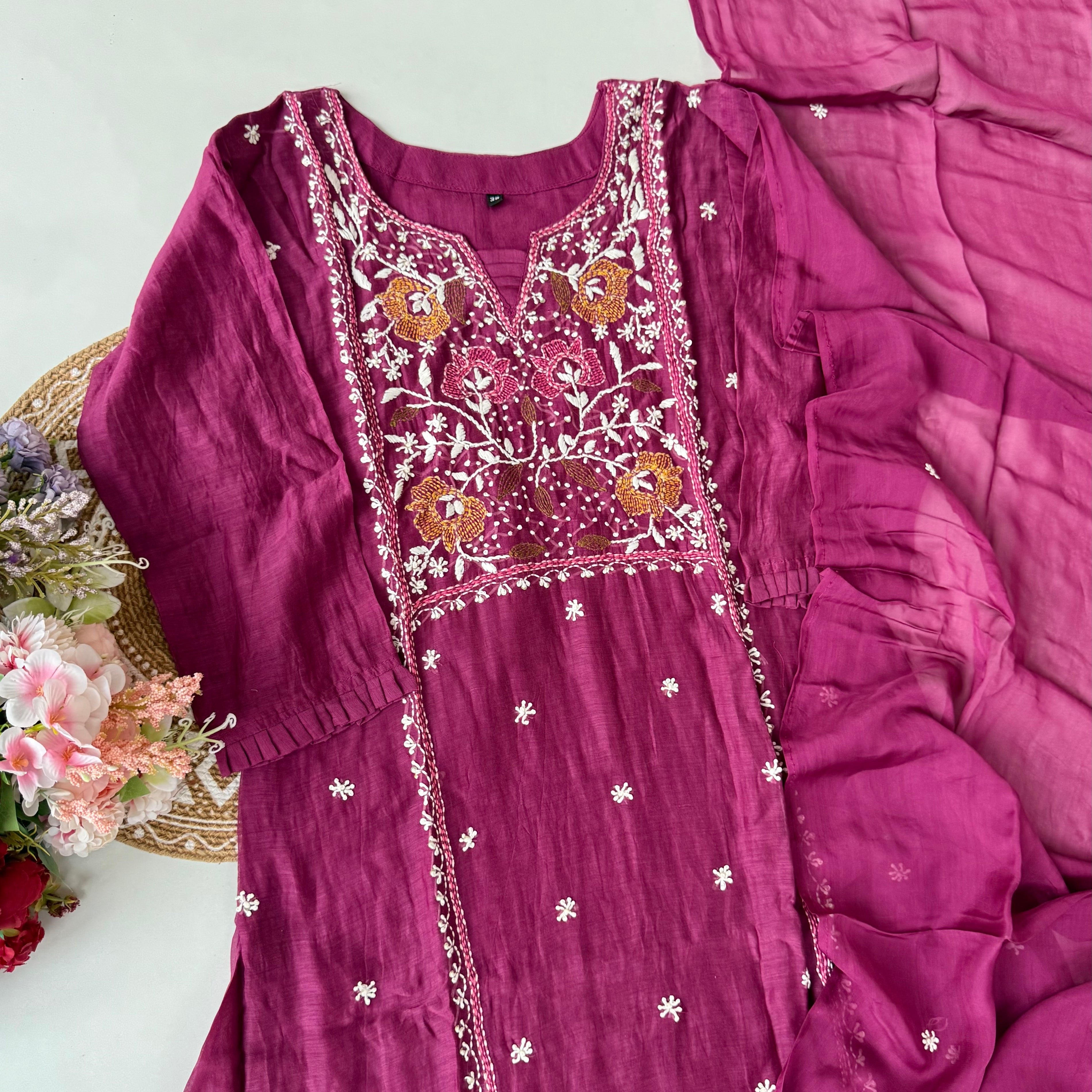 “Mulmul” Wine Thread work Mul Chanderi A Line kurta set