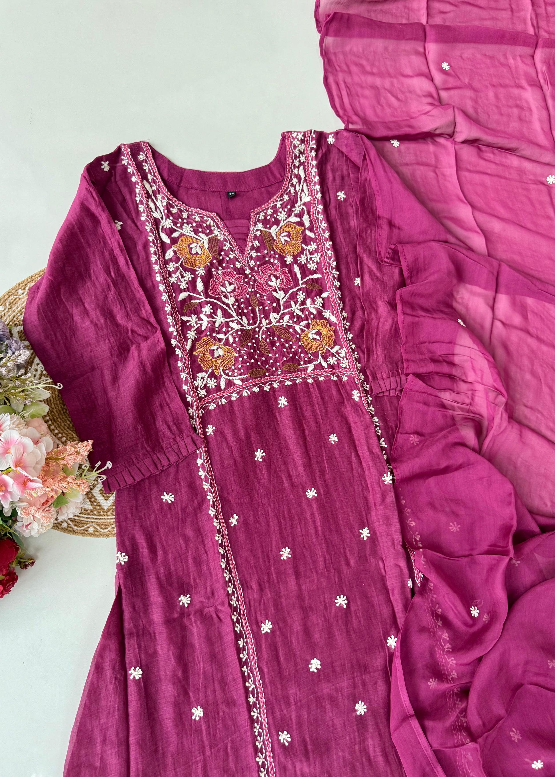 “Mulmul” Wine Thread work Mul Chanderi A Line kurta set
