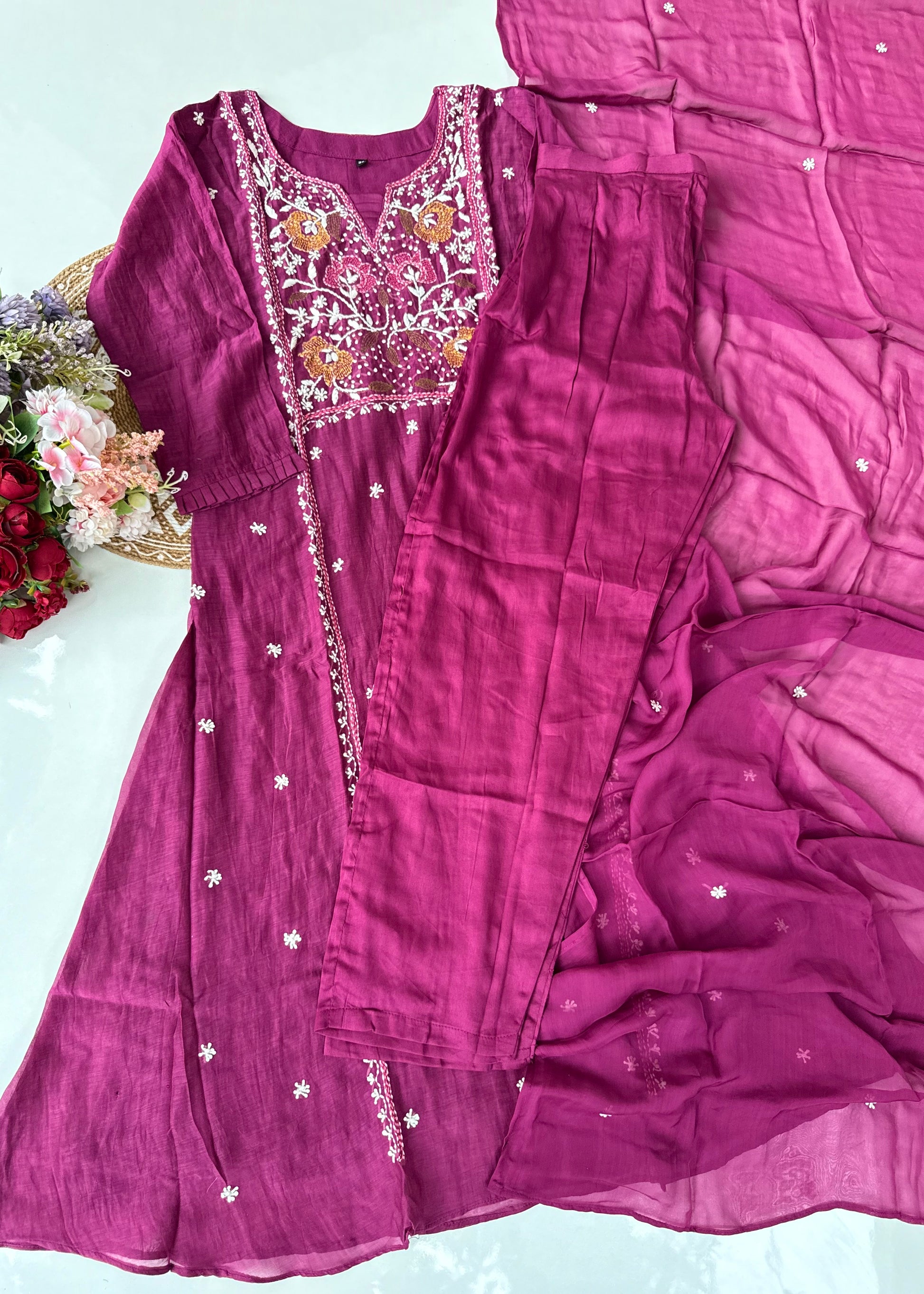“Mulmul” Wine Thread work Mul Chanderi A Line kurta set