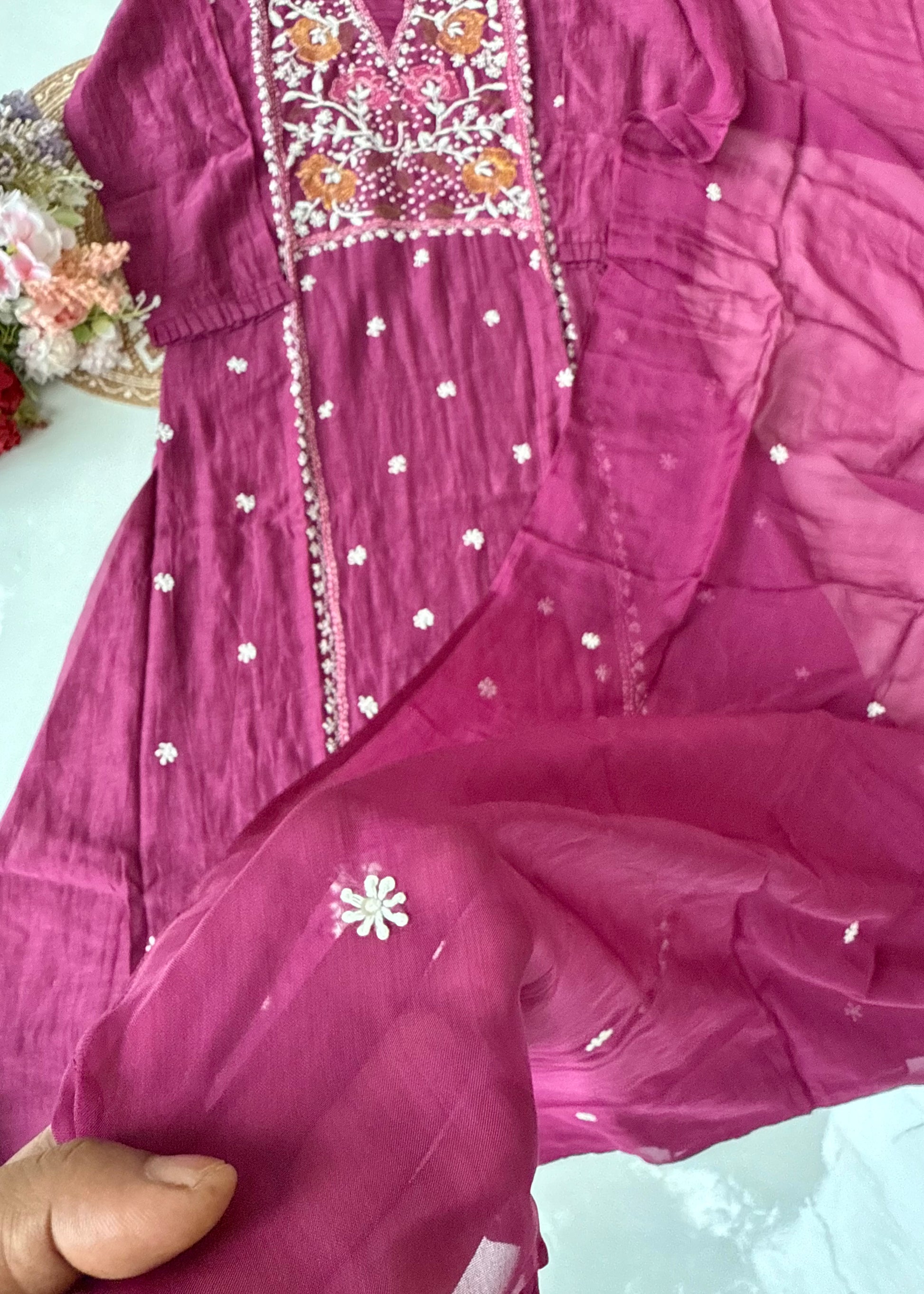 “Mulmul” Wine Thread work Mul Chanderi A Line kurta set