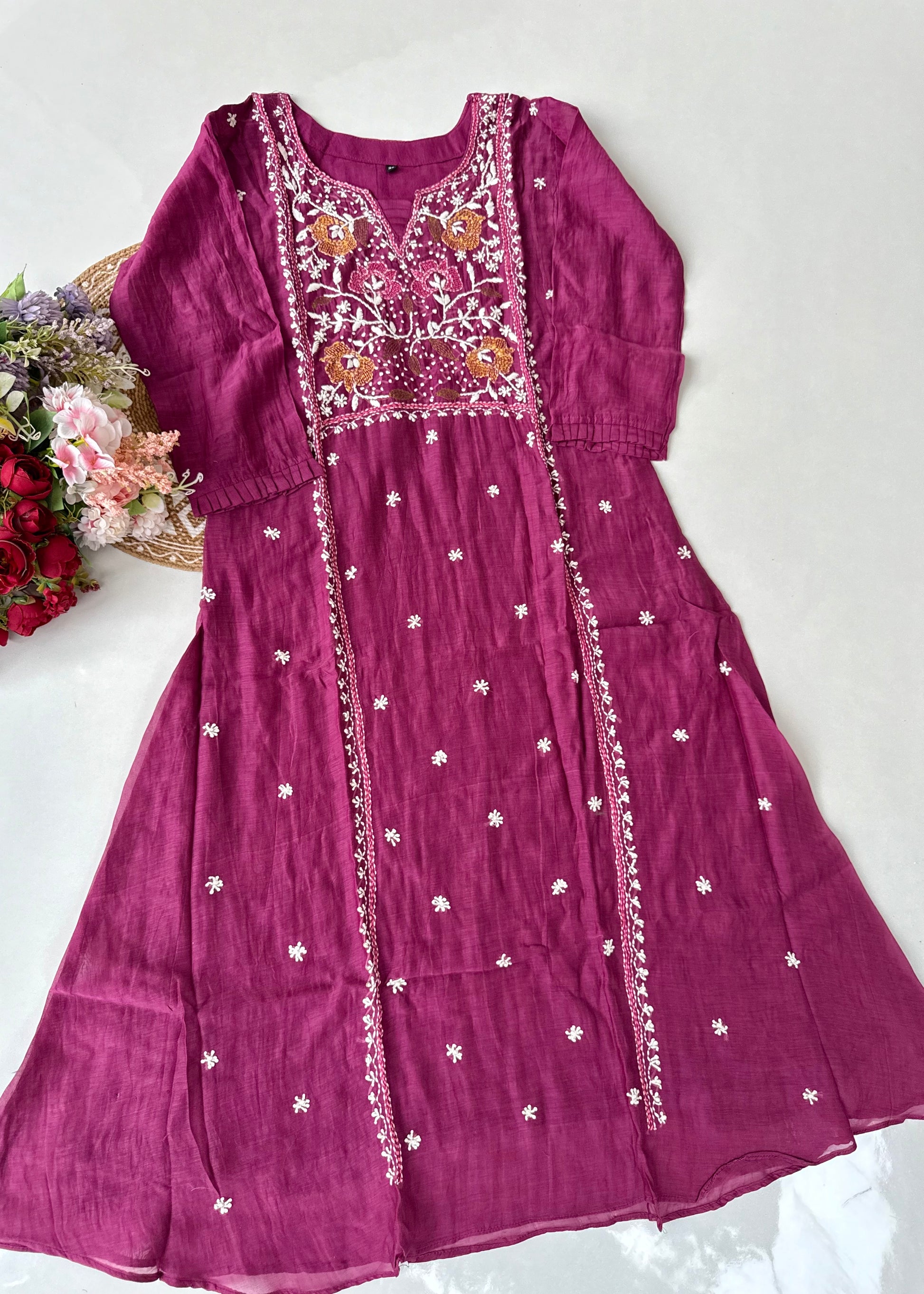 “Mulmul” Wine Thread work Mul Chanderi A Line kurta set