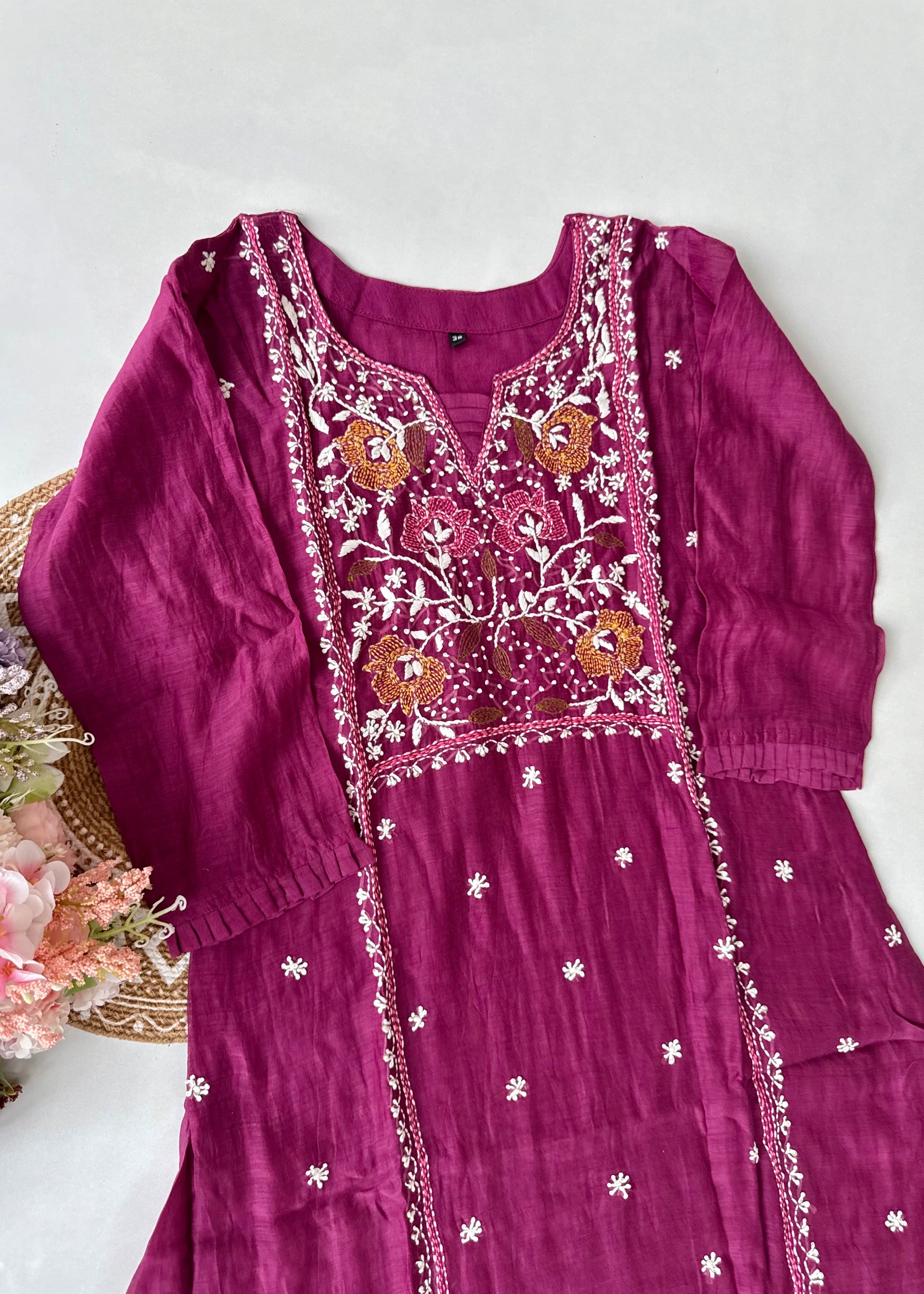 “Mulmul” Wine Thread work Mul Chanderi A Line kurta set