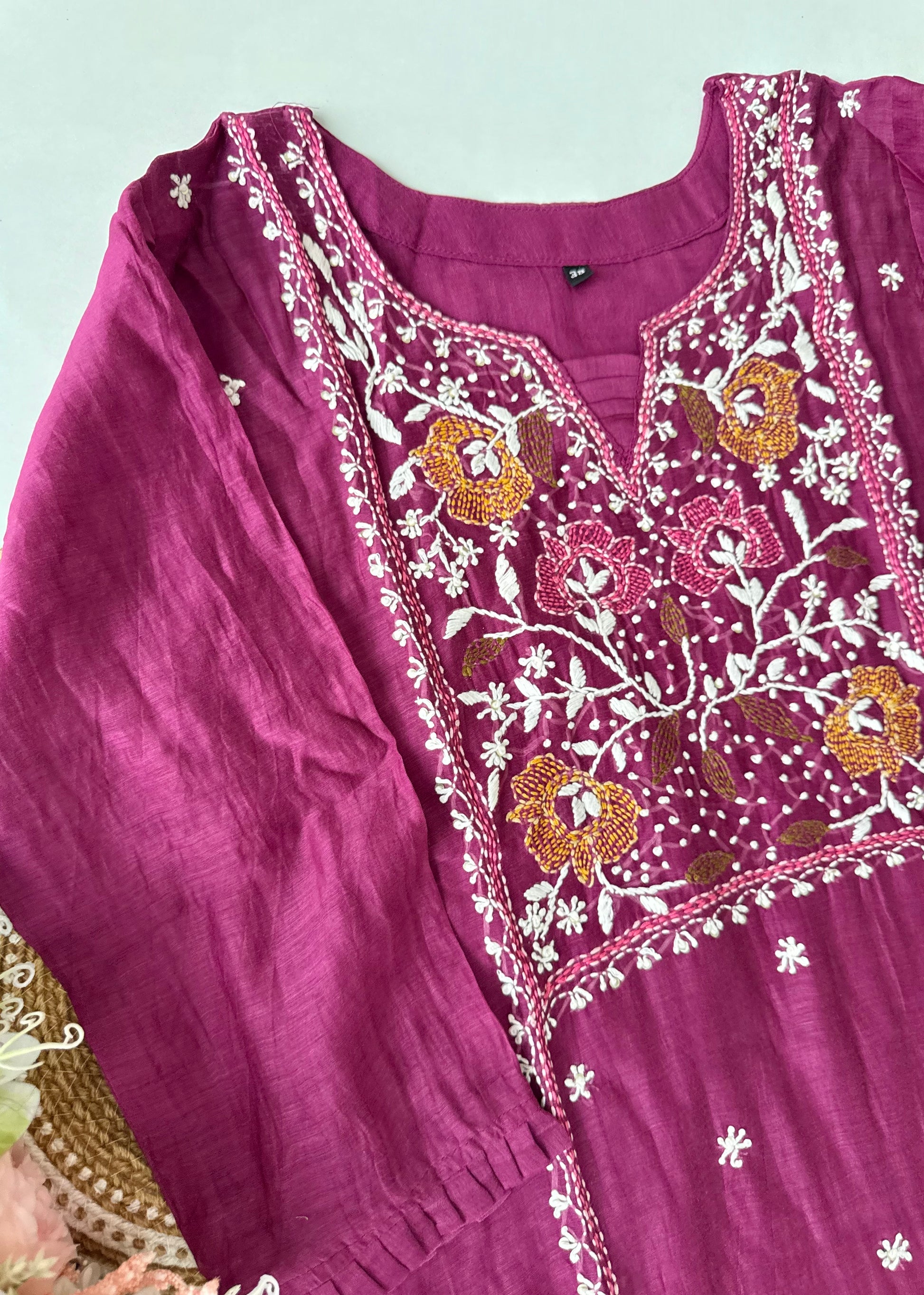“Mulmul” Wine Thread work Mul Chanderi A Line kurta set