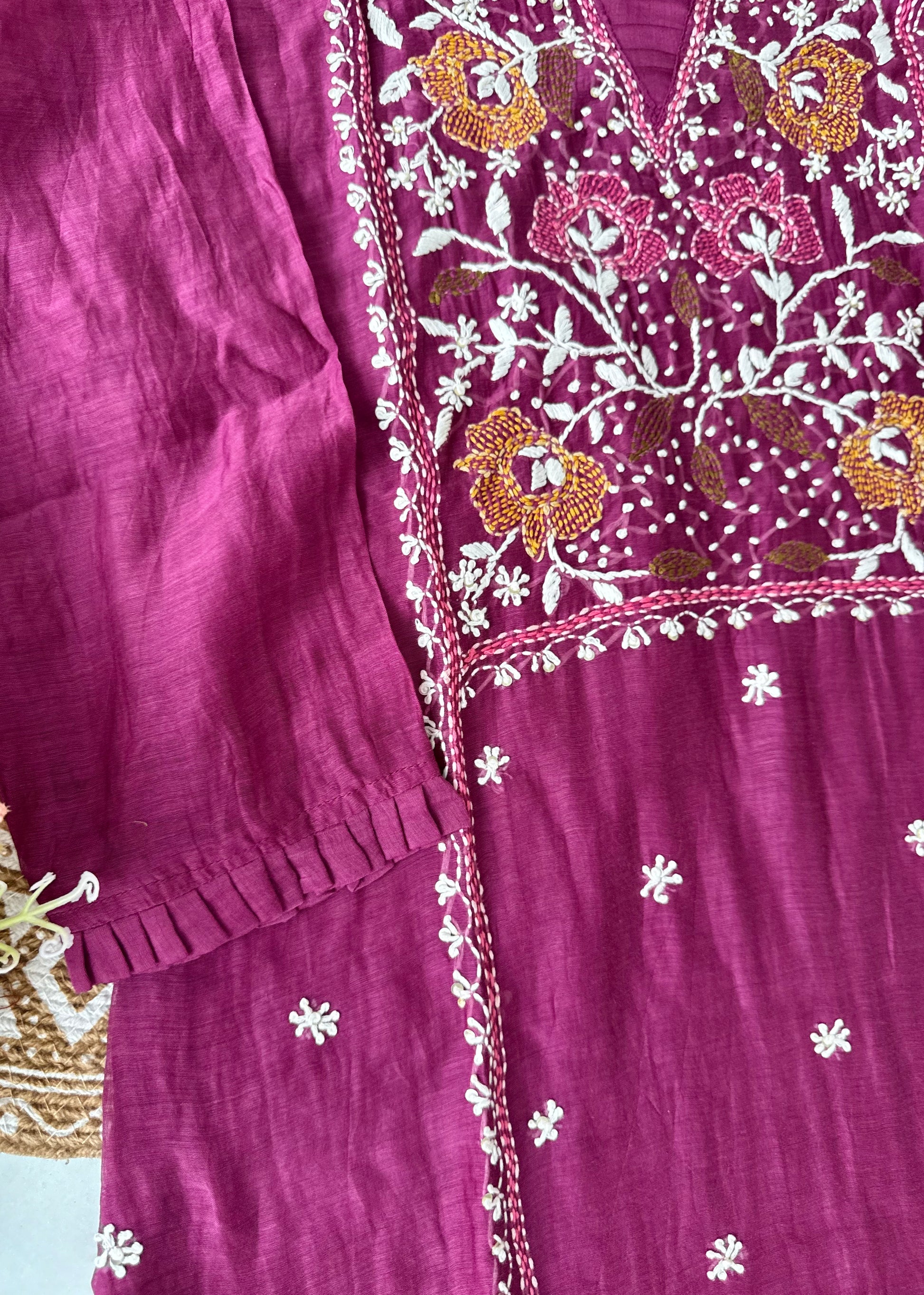 “Mulmul” Wine Thread work Mul Chanderi A Line kurta set