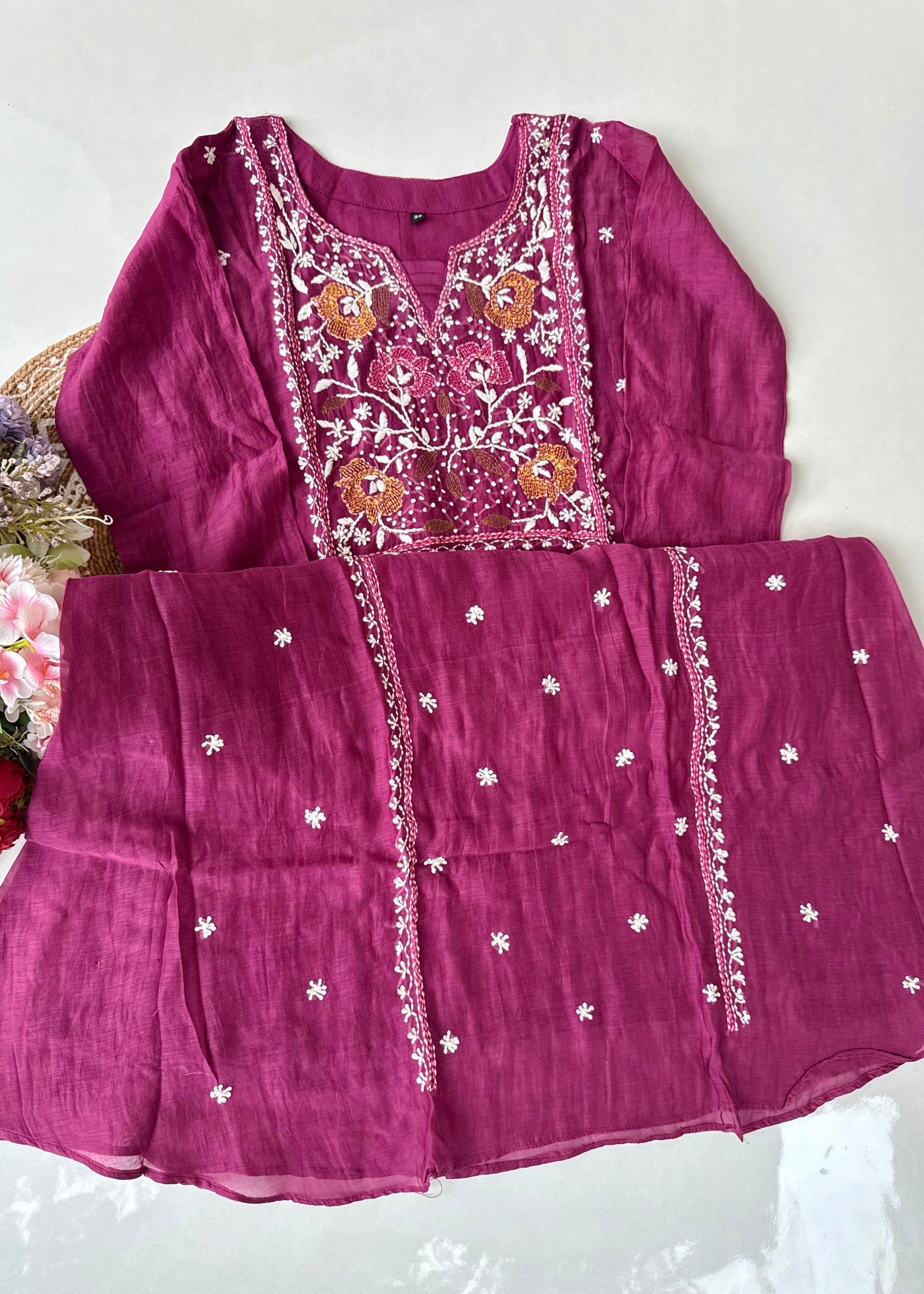 “Mulmul” Wine Thread work Mul Chanderi A Line kurta set