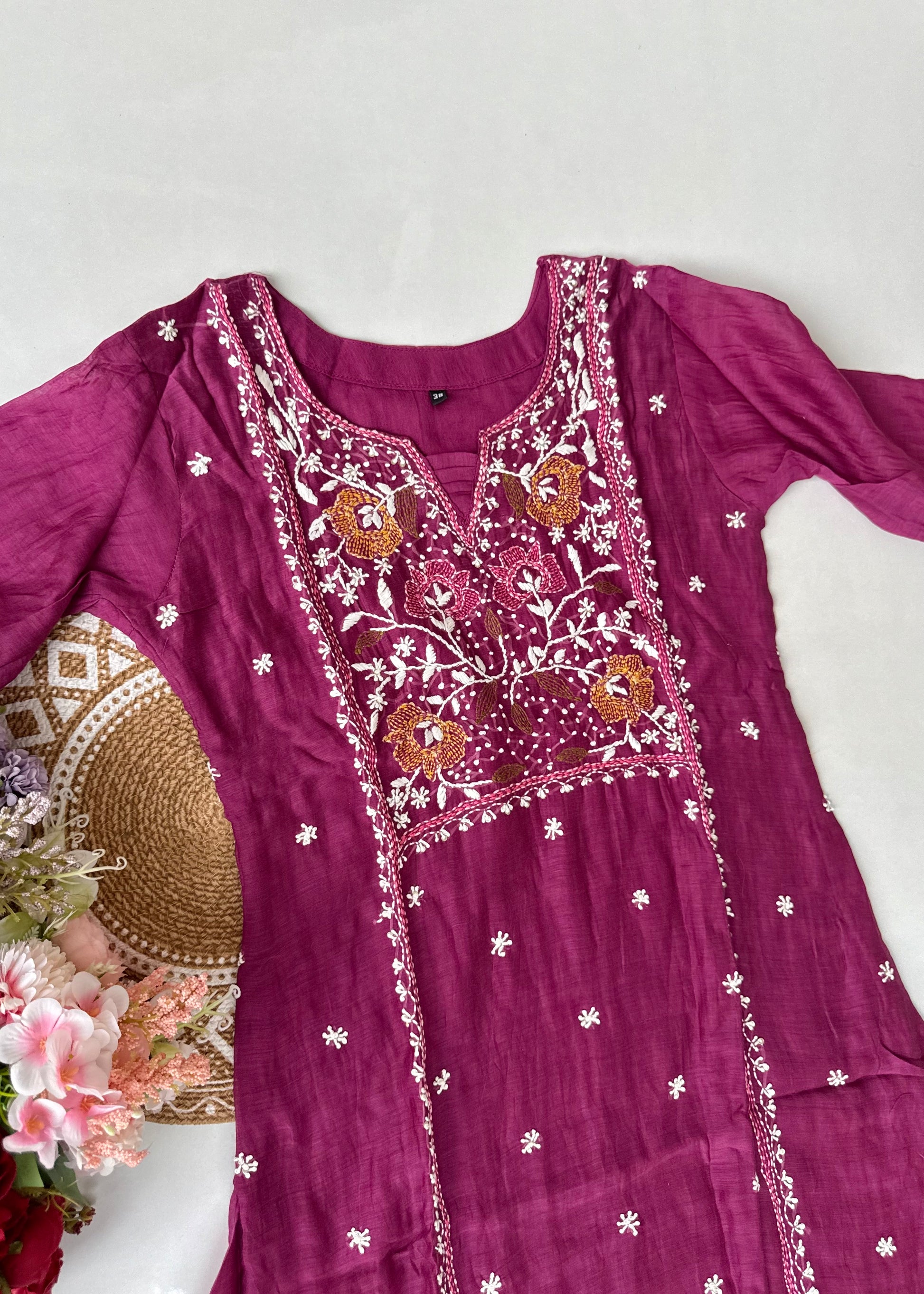 “Mulmul” Wine Thread work Mul Chanderi A Line kurta set