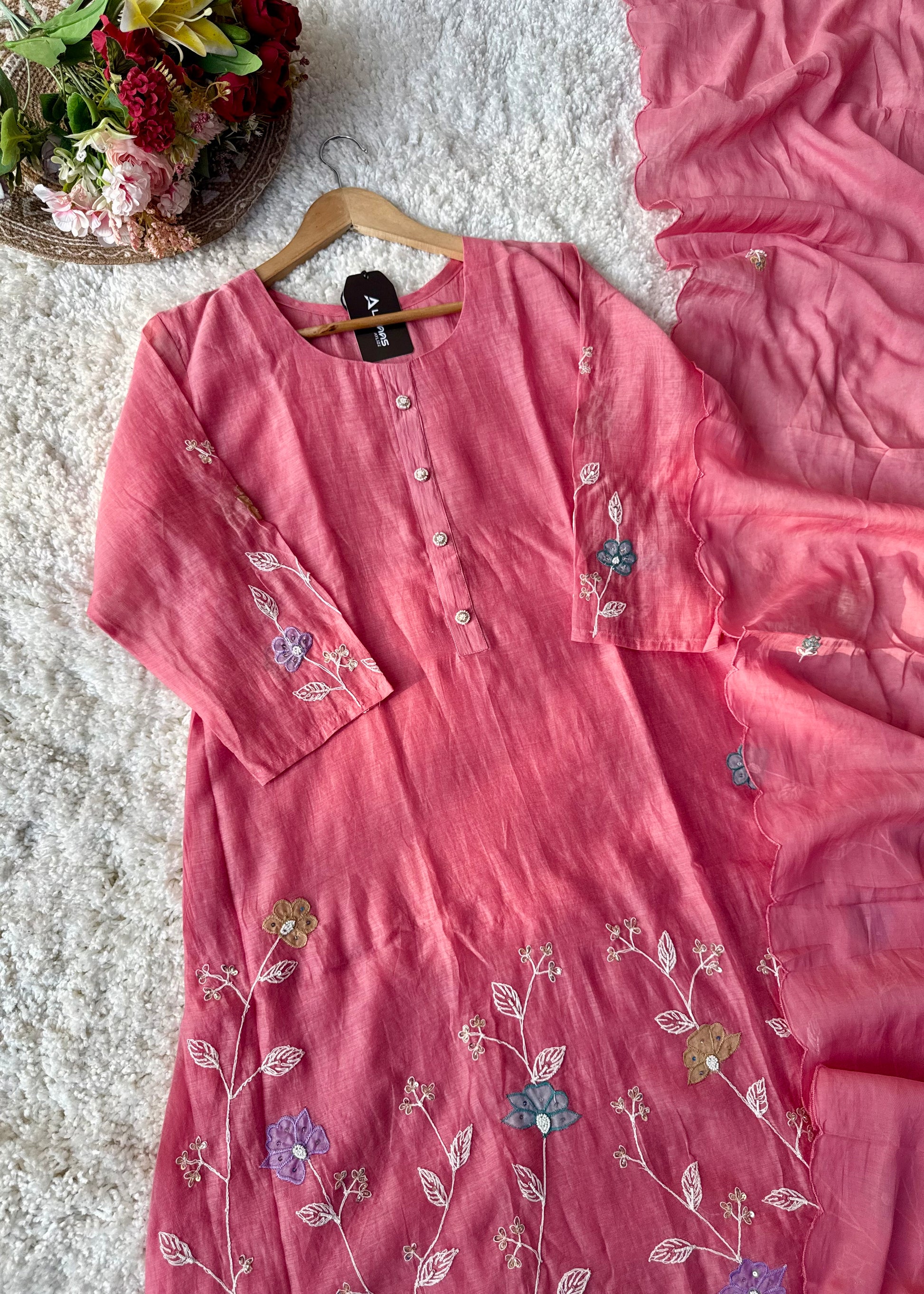 “Thread” Premium Bloom Pink Mul Chanderi A Line kurta set