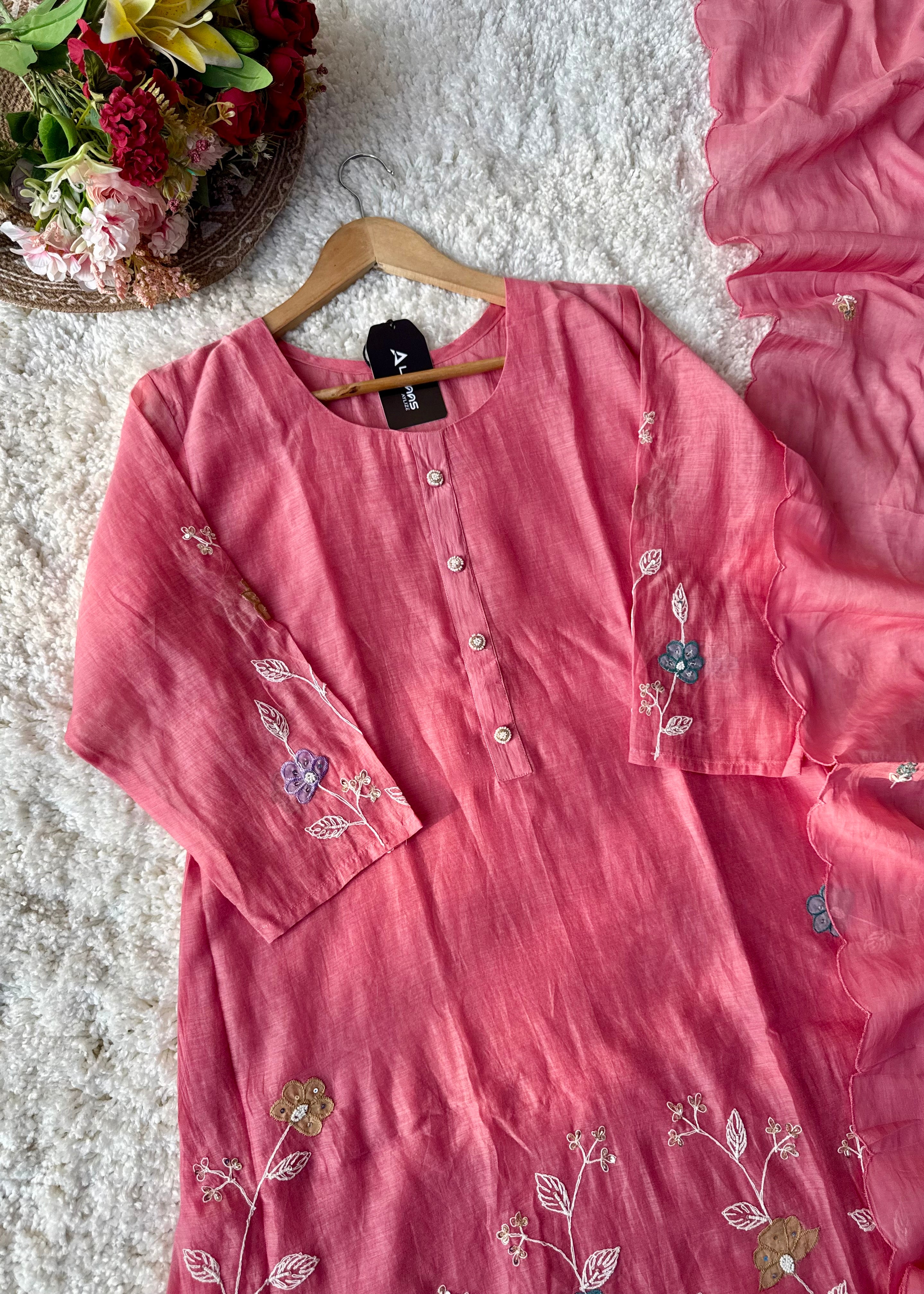 “Thread” Premium Bloom Pink Mul Chanderi A Line kurta set