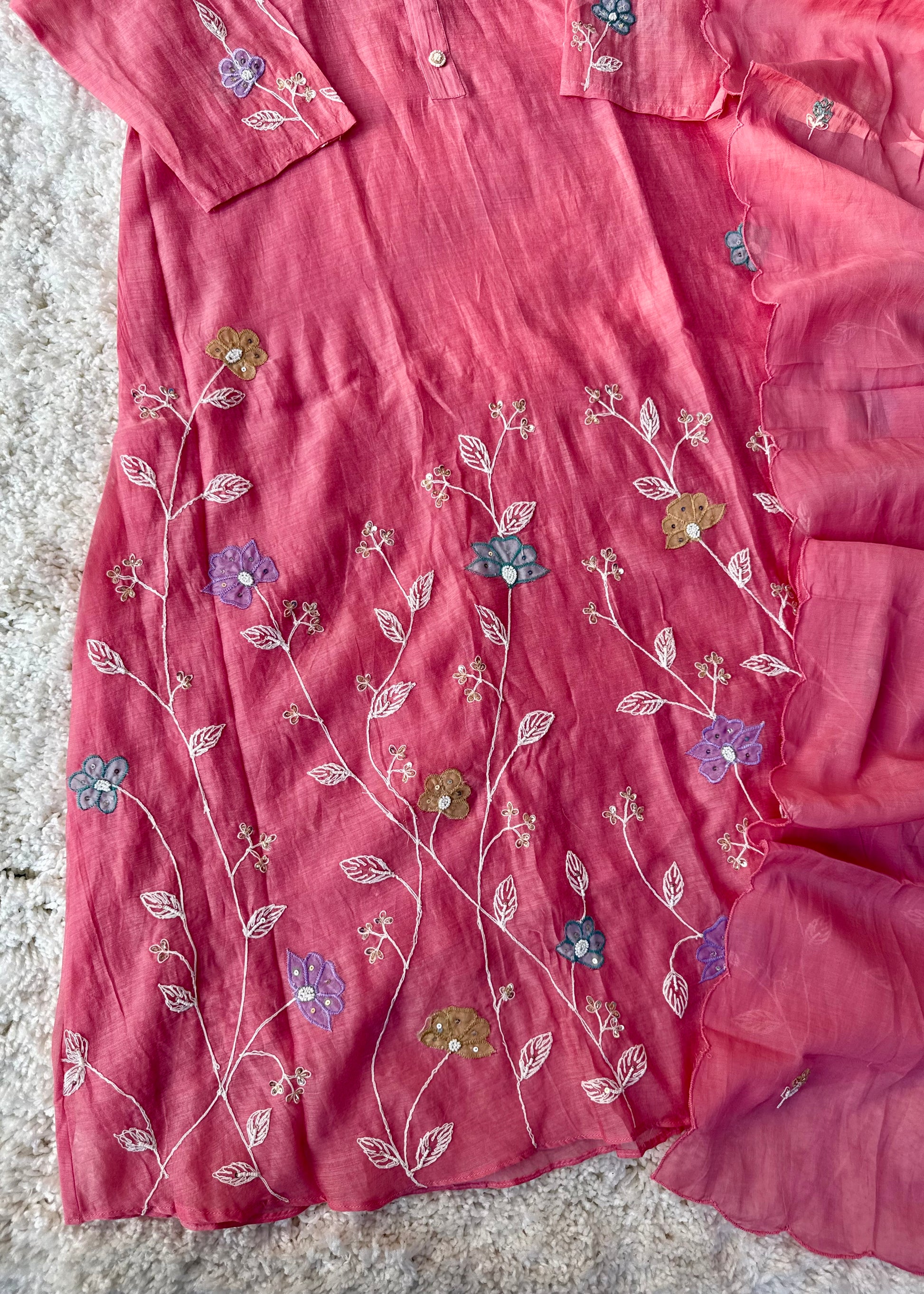 “Thread” Premium Bloom Pink Mul Chanderi A Line kurta set