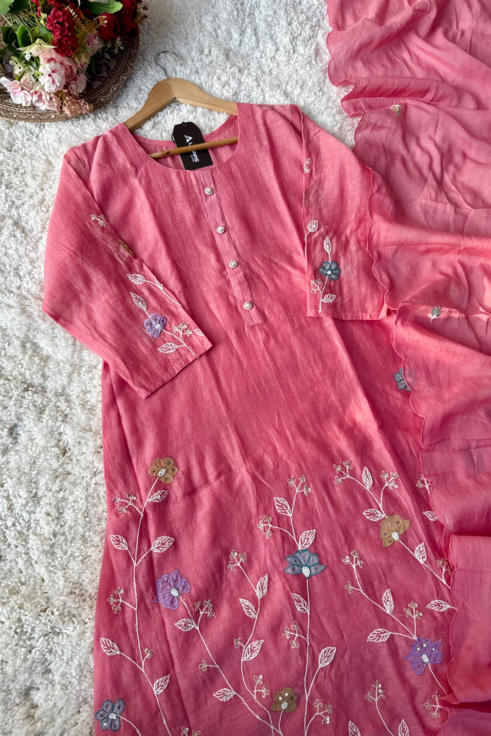 “Thread” Premium Bloom Pink Mul Chanderi A Line kurta set