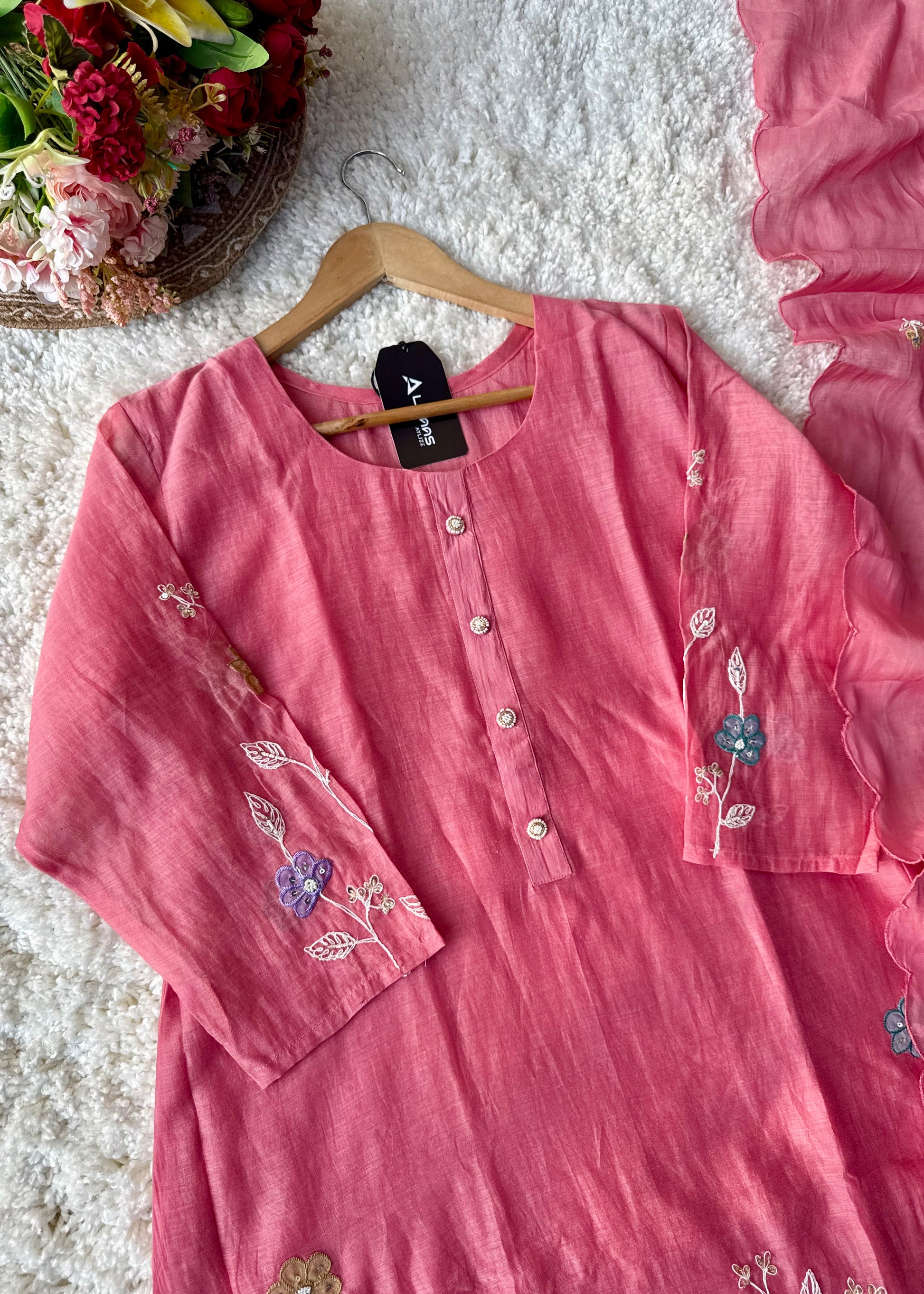 “Thread” Premium Bloom Pink Mul Chanderi A Line kurta set
