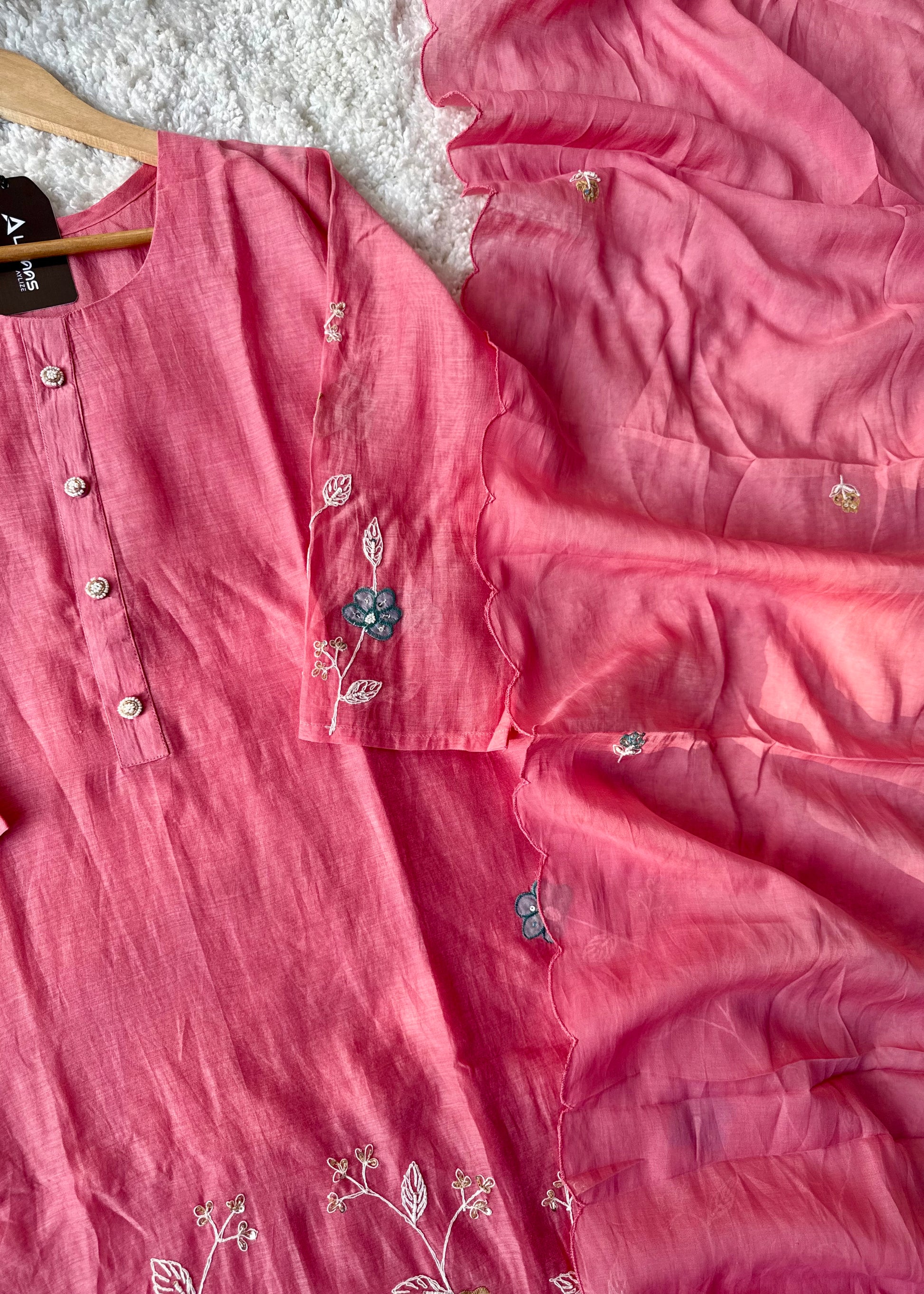“Thread” Premium Bloom Pink Mul Chanderi A Line kurta set