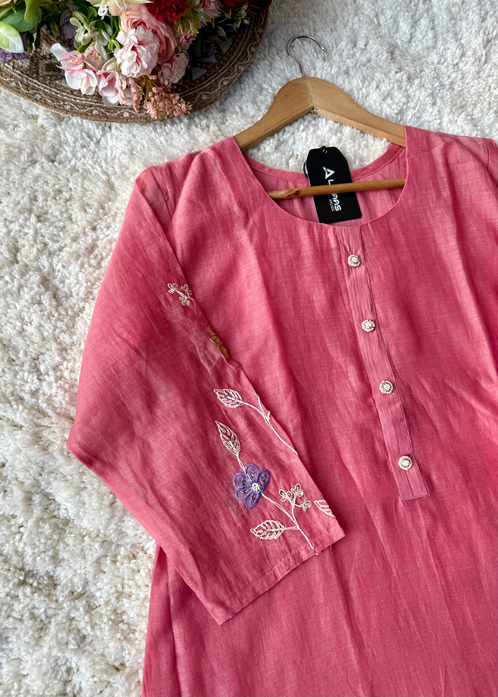 “Thread” Premium Bloom Pink Mul Chanderi A Line kurta set