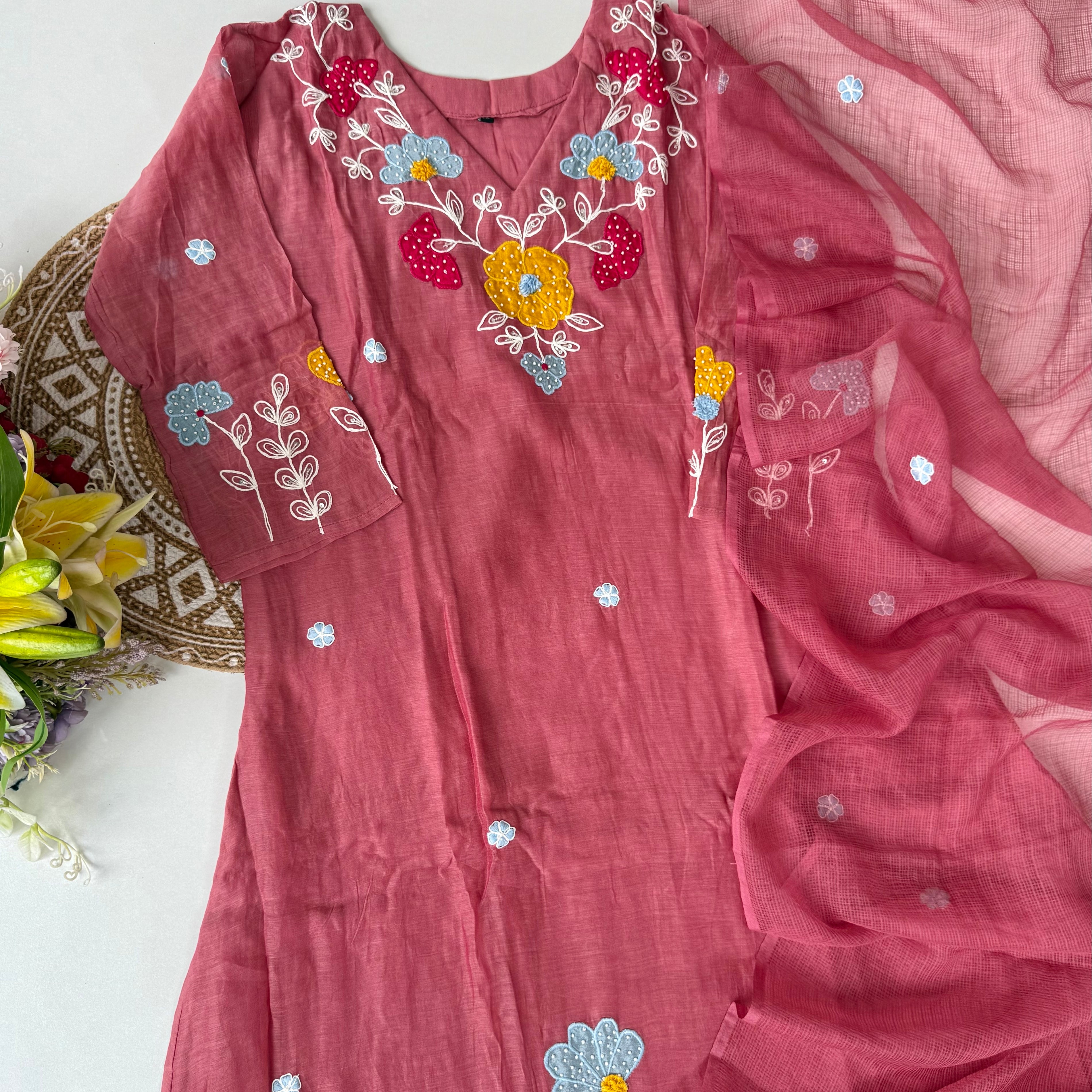 “Neesha” Mul Chanderi Applique work A Line kurta Set